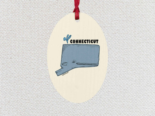 connecticut whale Christmas ornament, front, white textured background