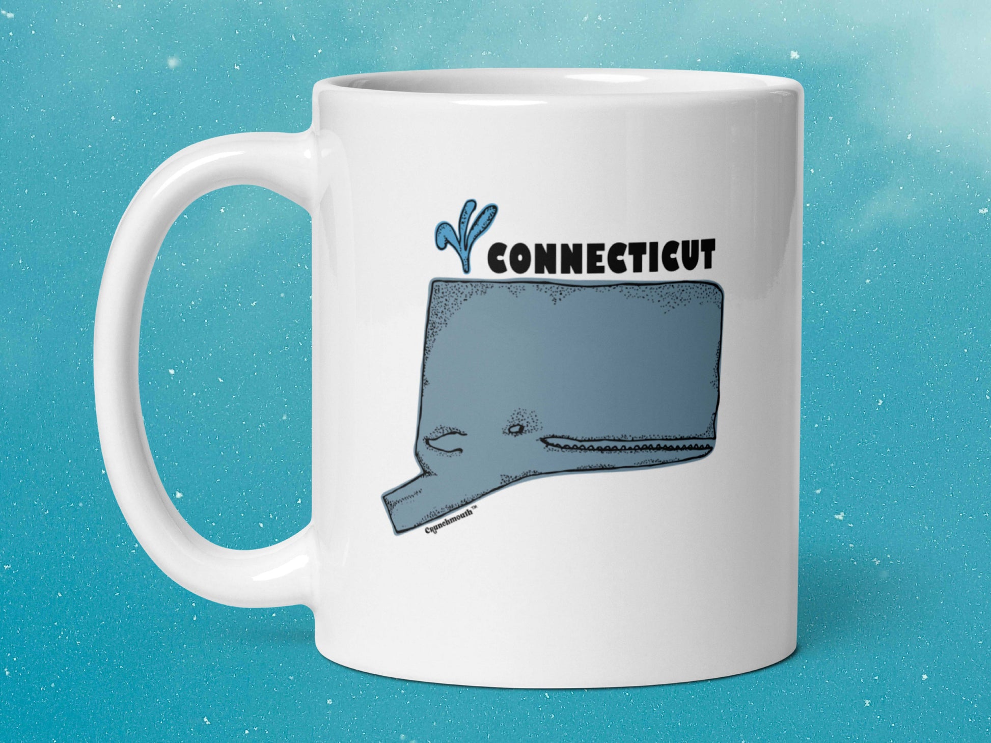 connecticut state whale coffee mug, 11oz, handle on left, blue sky background