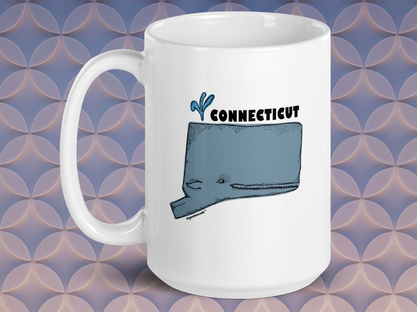 connecticut state whale coffee mug, 15oz, handle on left, geometric pattern background