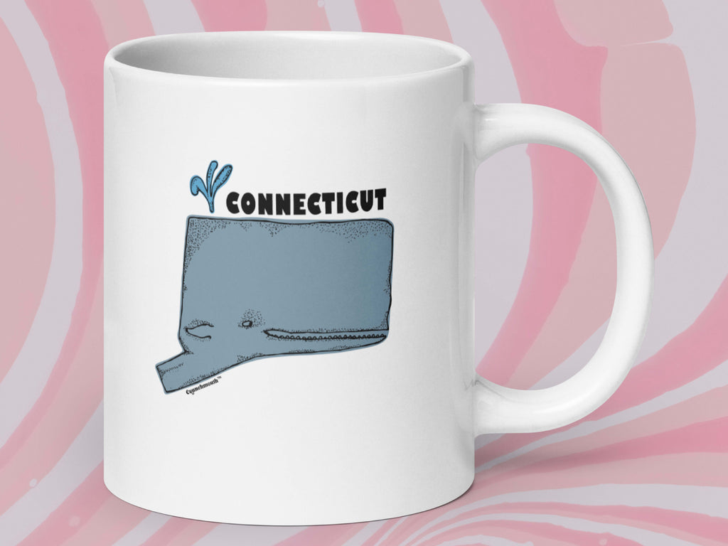connecticut state whale coffee mug, 20oz, handle on right, pink swirl background