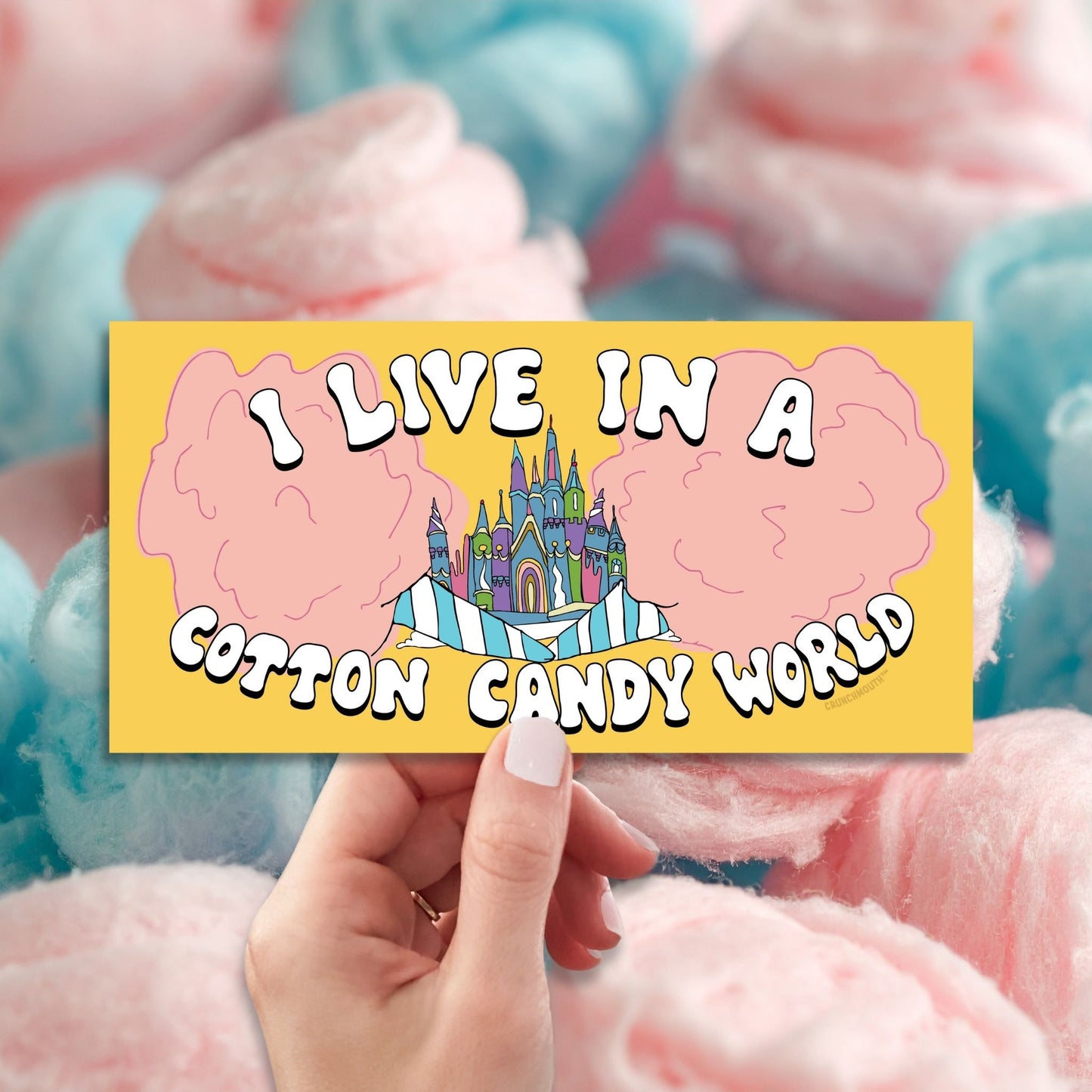 i live in a cotton candy world bumper sticker, hand display, cotton candy background