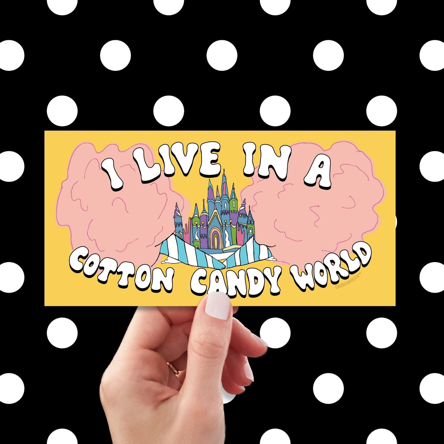 i live in a cotton candy world bumper sticker, hand display, polka dots pattern design background