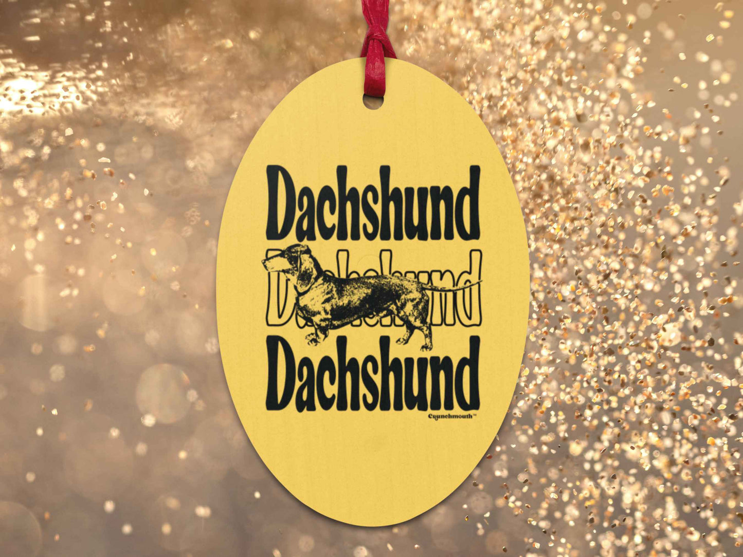 dachshund Christmas ornament, back, gold glitter background