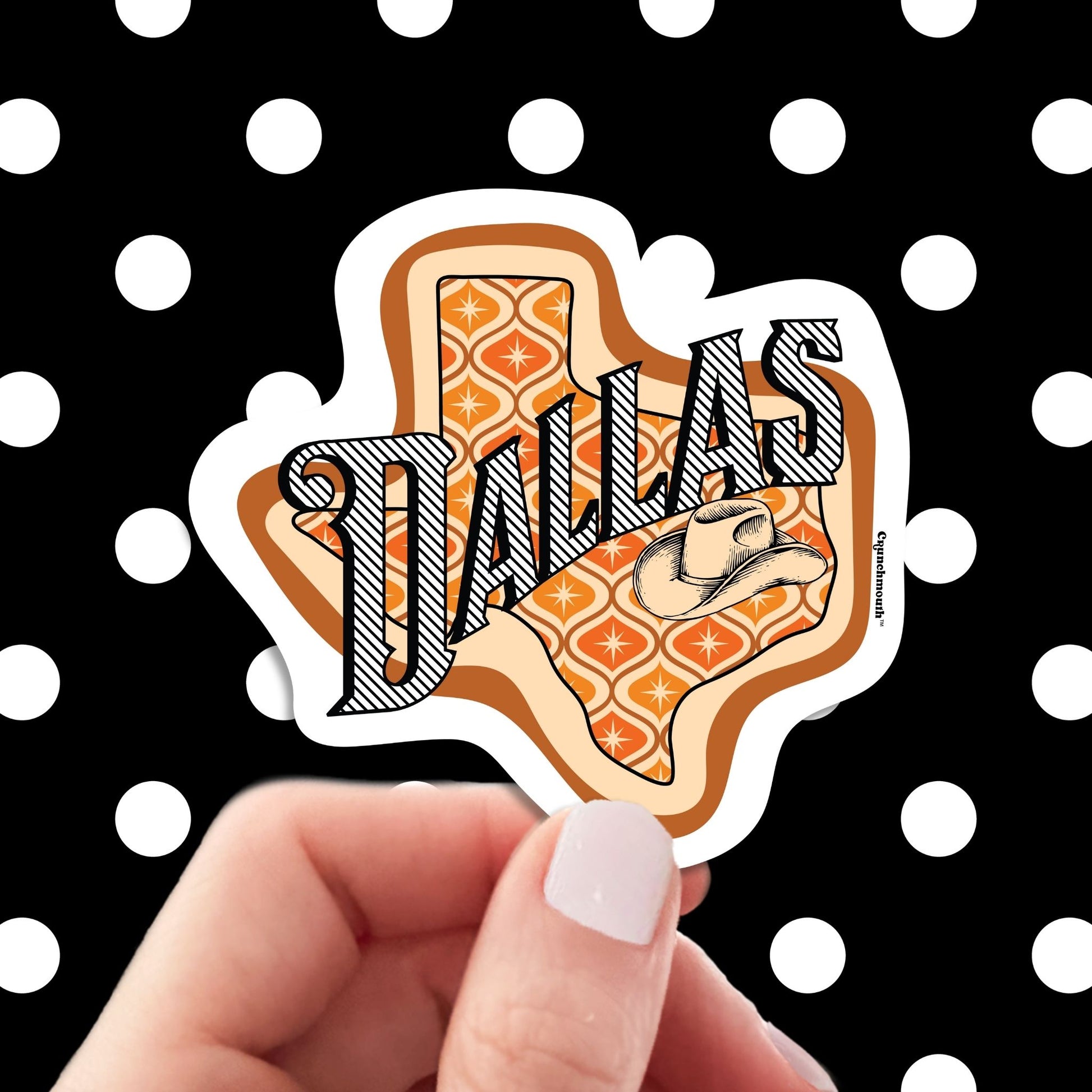 dallas travel luggage sticker, hand display, polka dots pattern design background