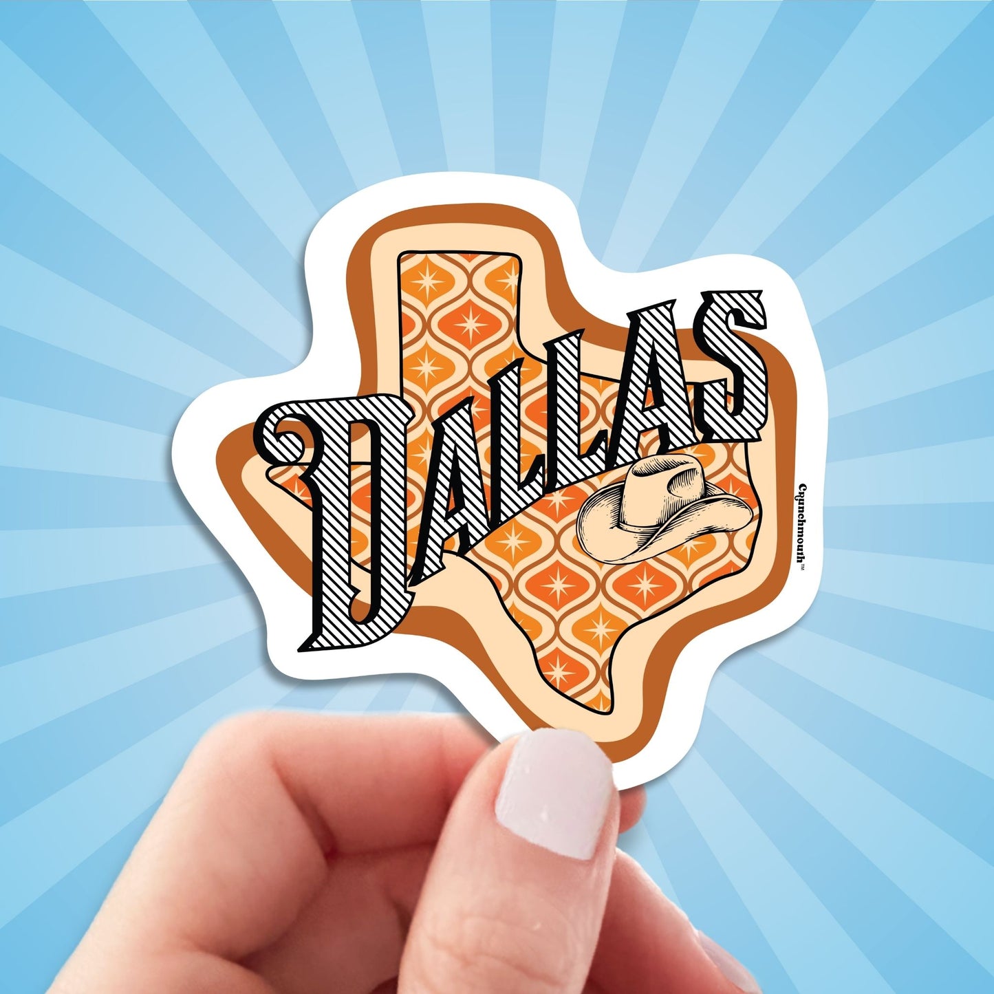 dallas travel luggage sticker, hand display, sun rays design background