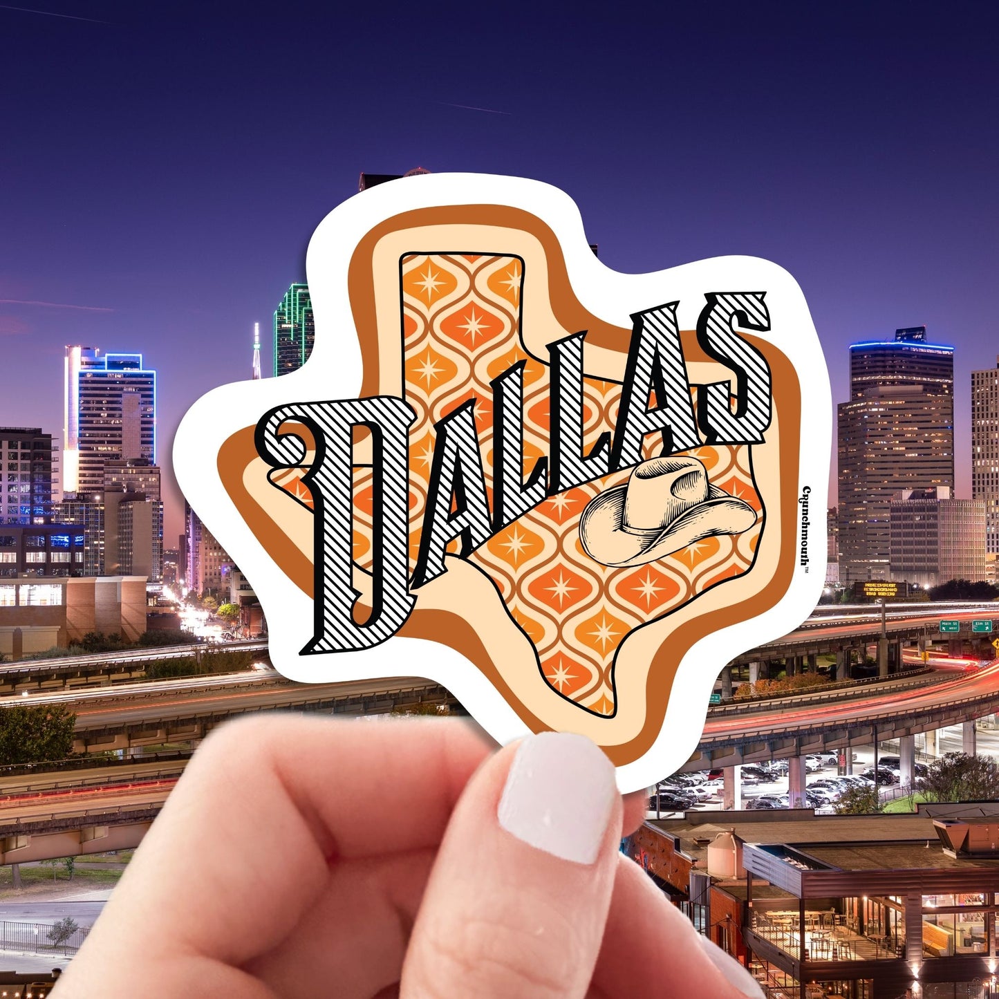 dallas travel luggage sticker, hand display, dallas skyline background