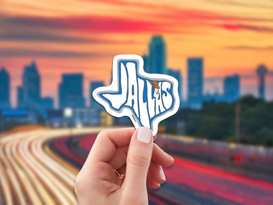 dallas travel luggage sticker, hand display, dallas skyline background