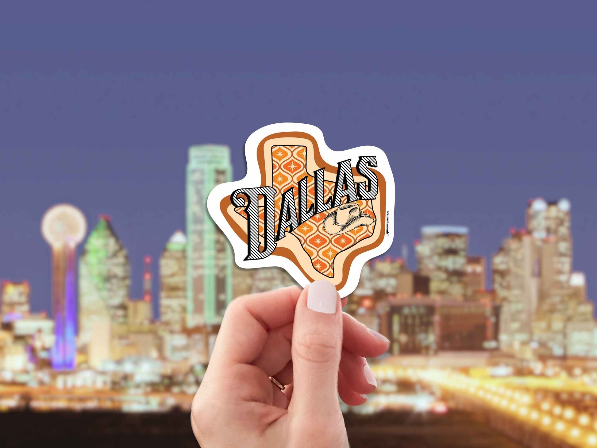 dallas travel luggage sticker, hand display, city skyline background