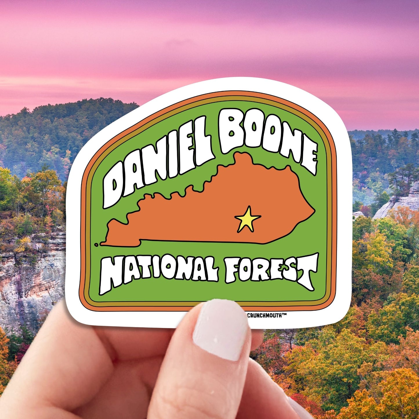 Daniel boone national forest travel luggage sticker, hand display, Daniel boone national forest background
