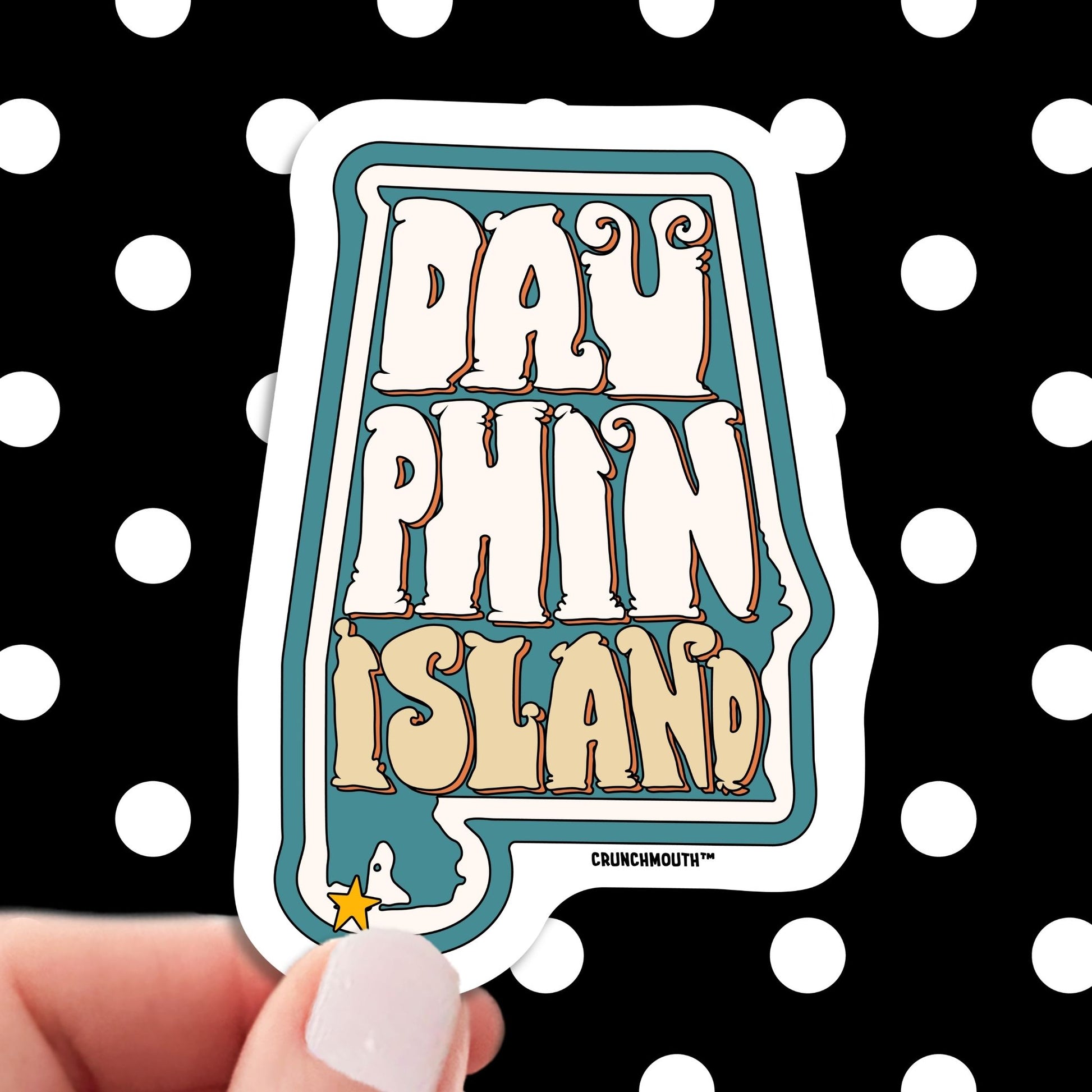 dauphin island travel luggage sticker, hand display, polka dots pattern design background
