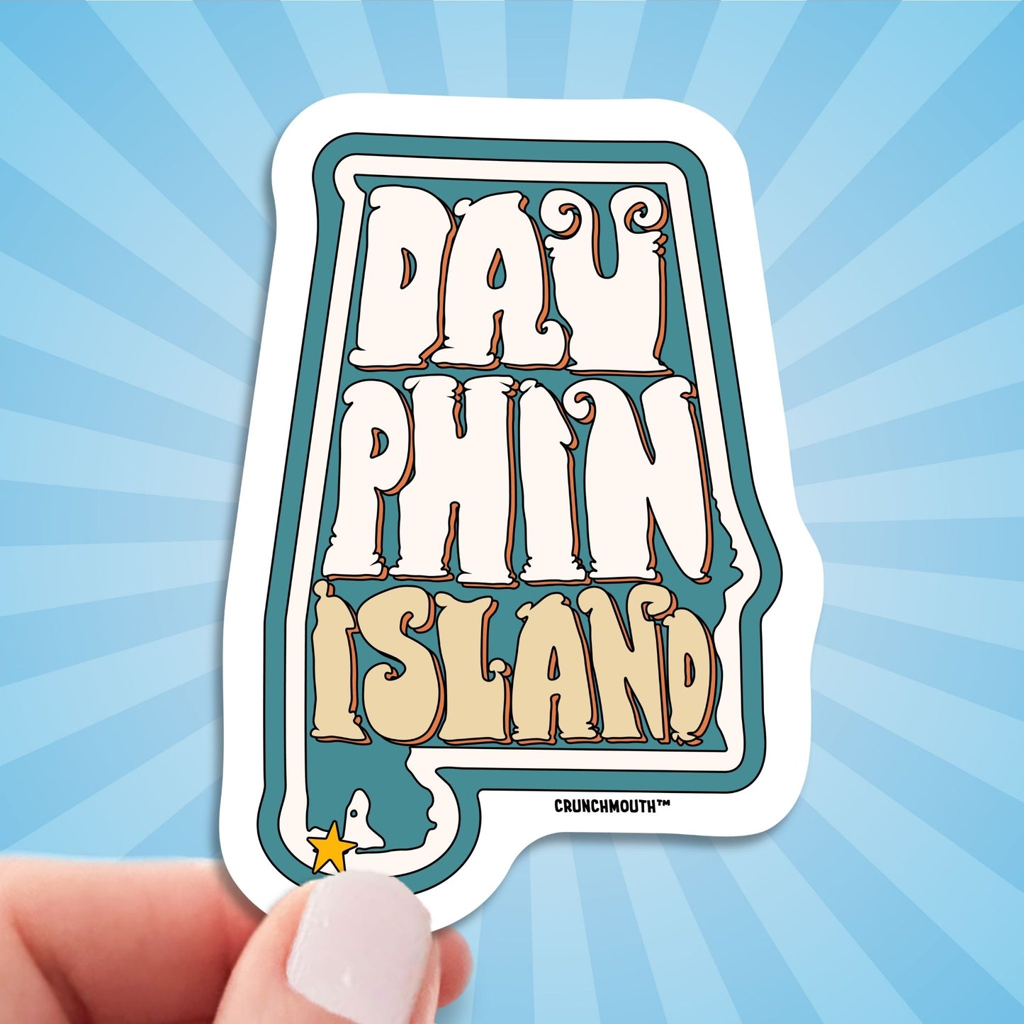 dauphin island travel luggage sticker, hand display, sun rays design background
