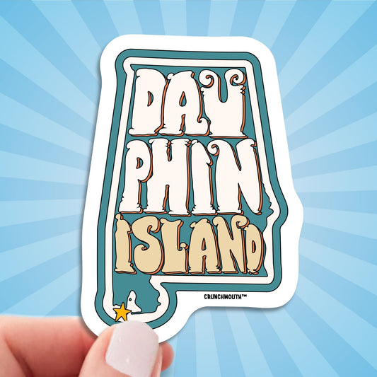 dauphin island travel luggage sticker, hand display, sun rays design background
