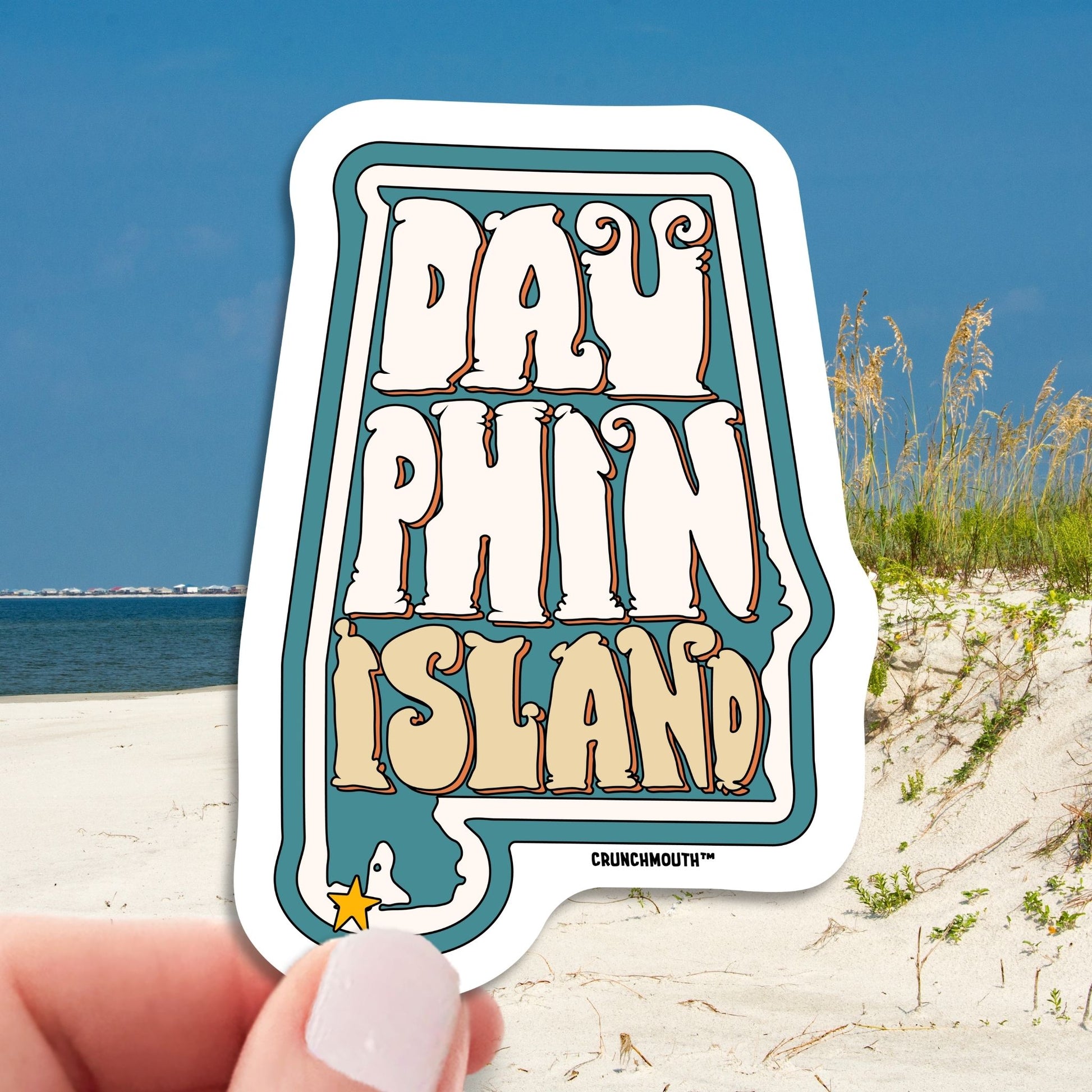 dauphin island travel luggage sticker, hand display, dauphin island dune background
