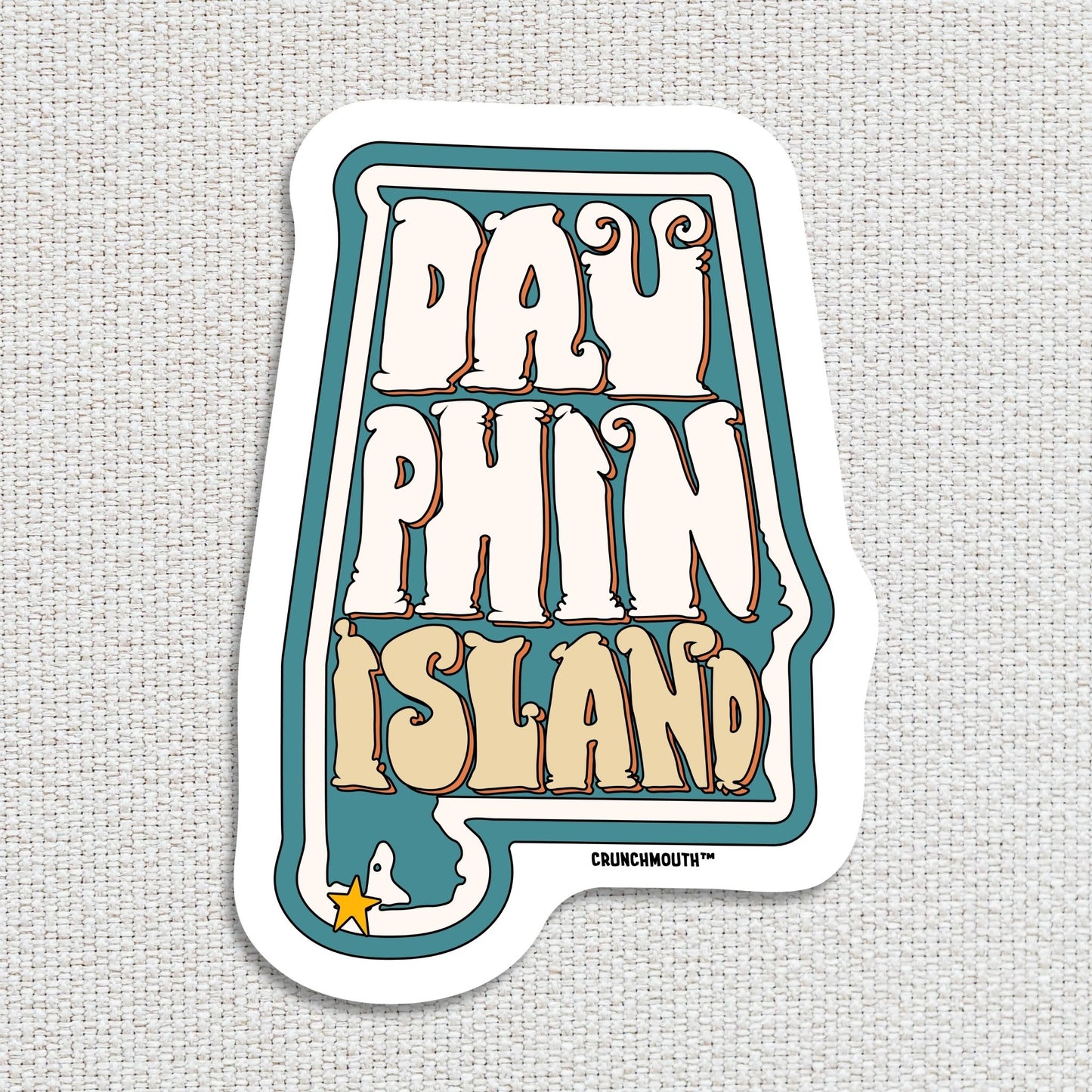 dauphin island travel luggage sticker, textured fabric background
