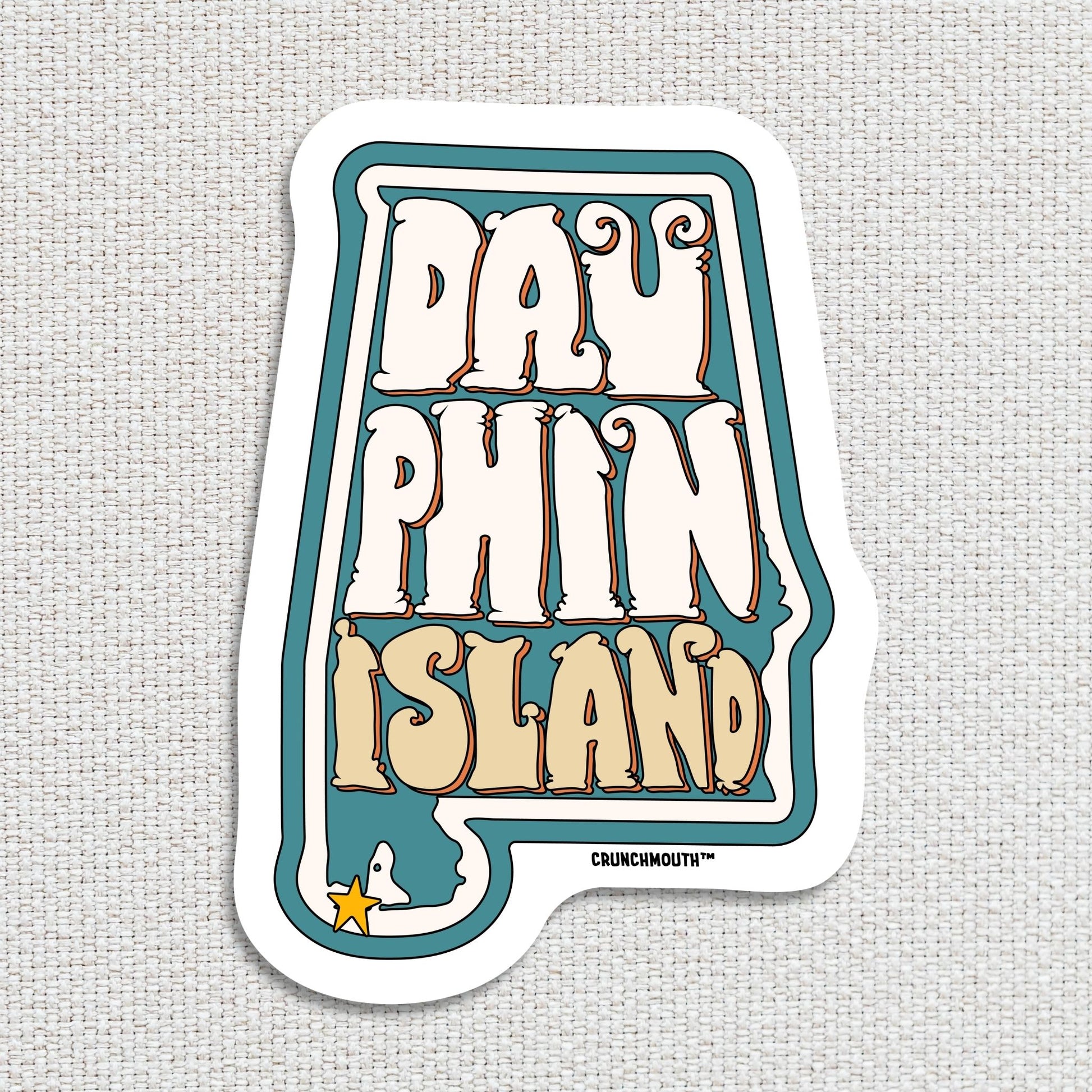 dauphin island travel luggage sticker, textured fabric background
