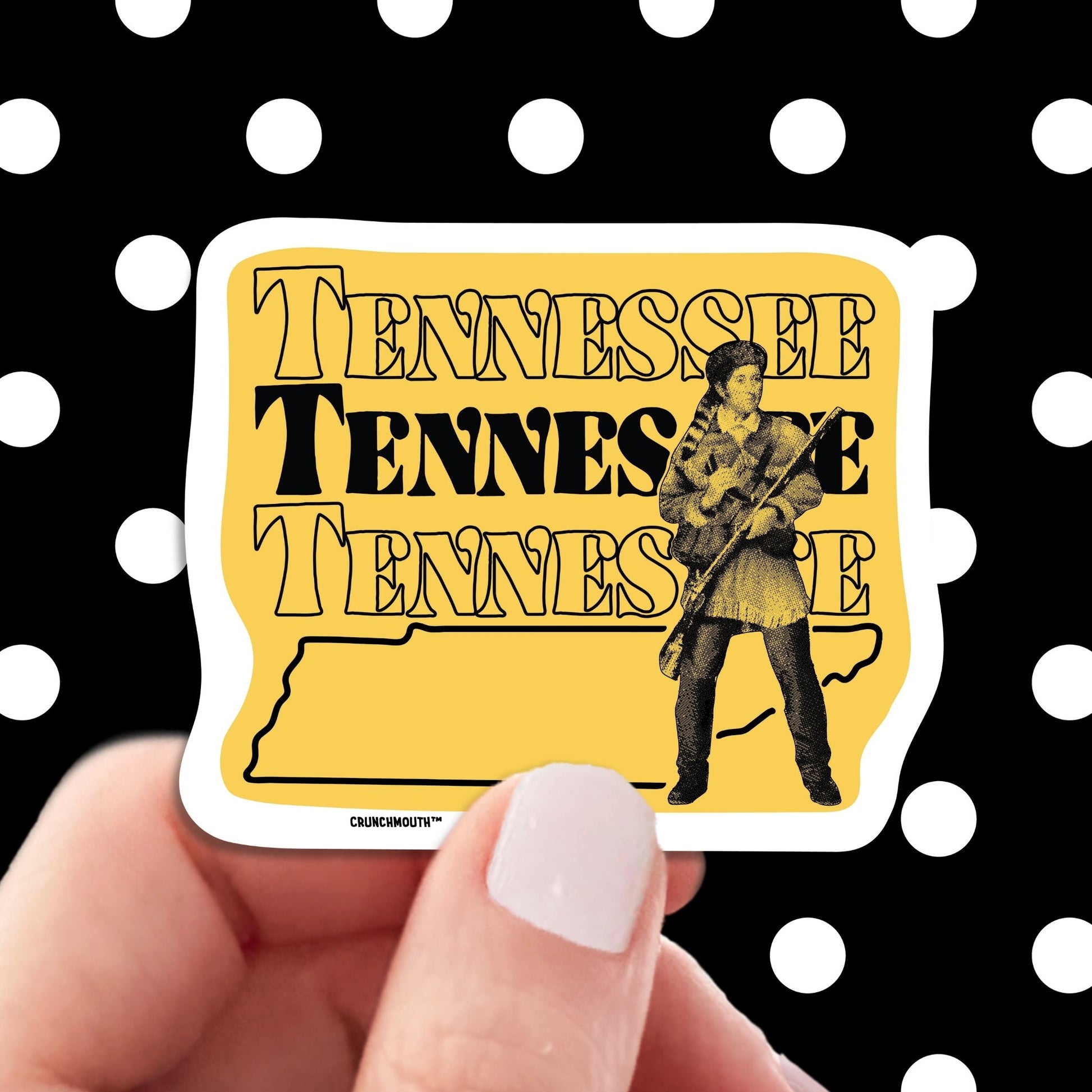 Tennessee Travel Luggage Sticker, Davy Crockett King of the Wild Frontier, hand display, polka dots pattern design background