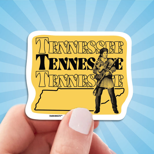 Tennessee Travel Luggage Sticker, Davy Crockett King of the Wild Frontier, hand display, sun rays design background