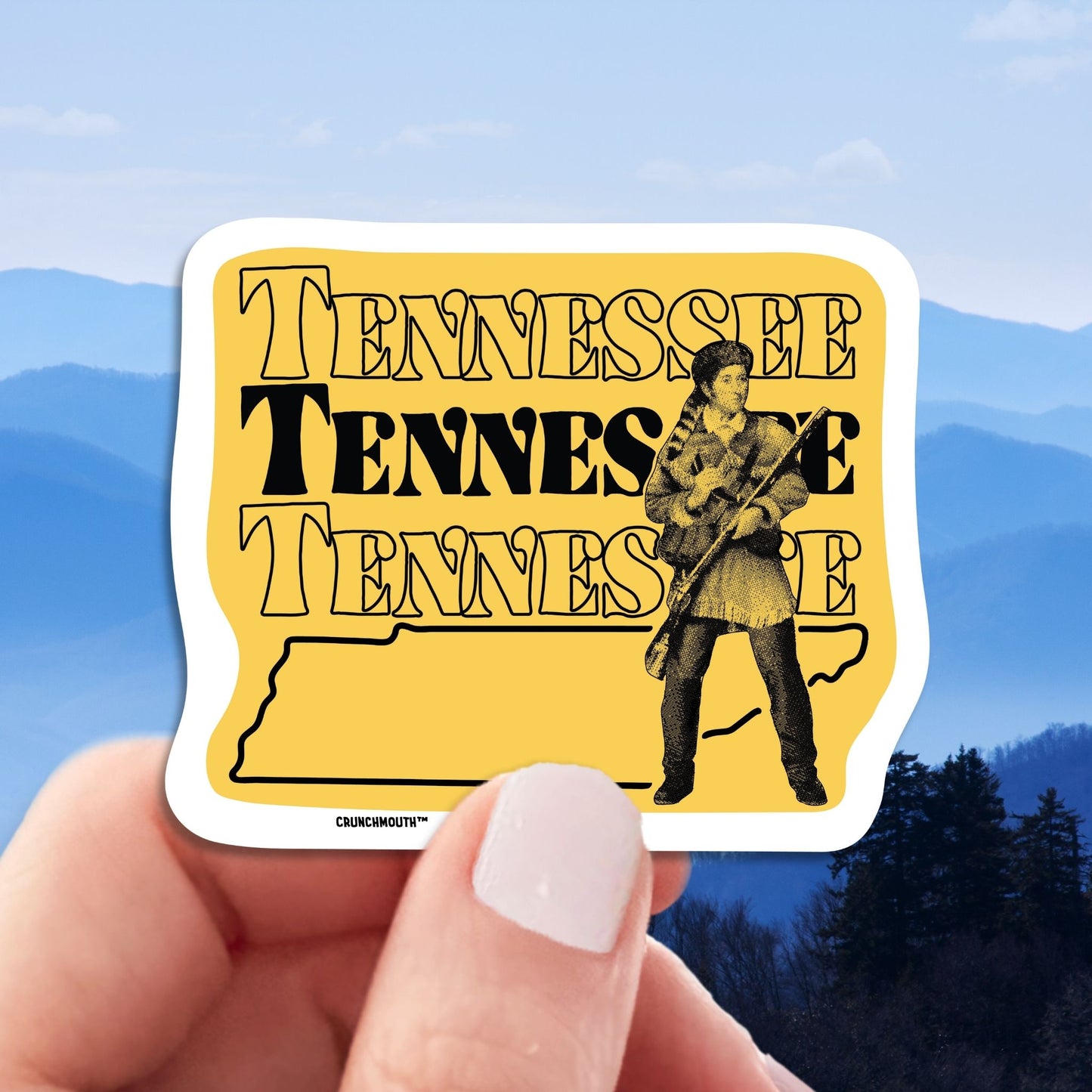 Tennessee Travel Luggage Sticker, Davy Crockett King of the Wild Frontier, hand display, great smoky mountains background