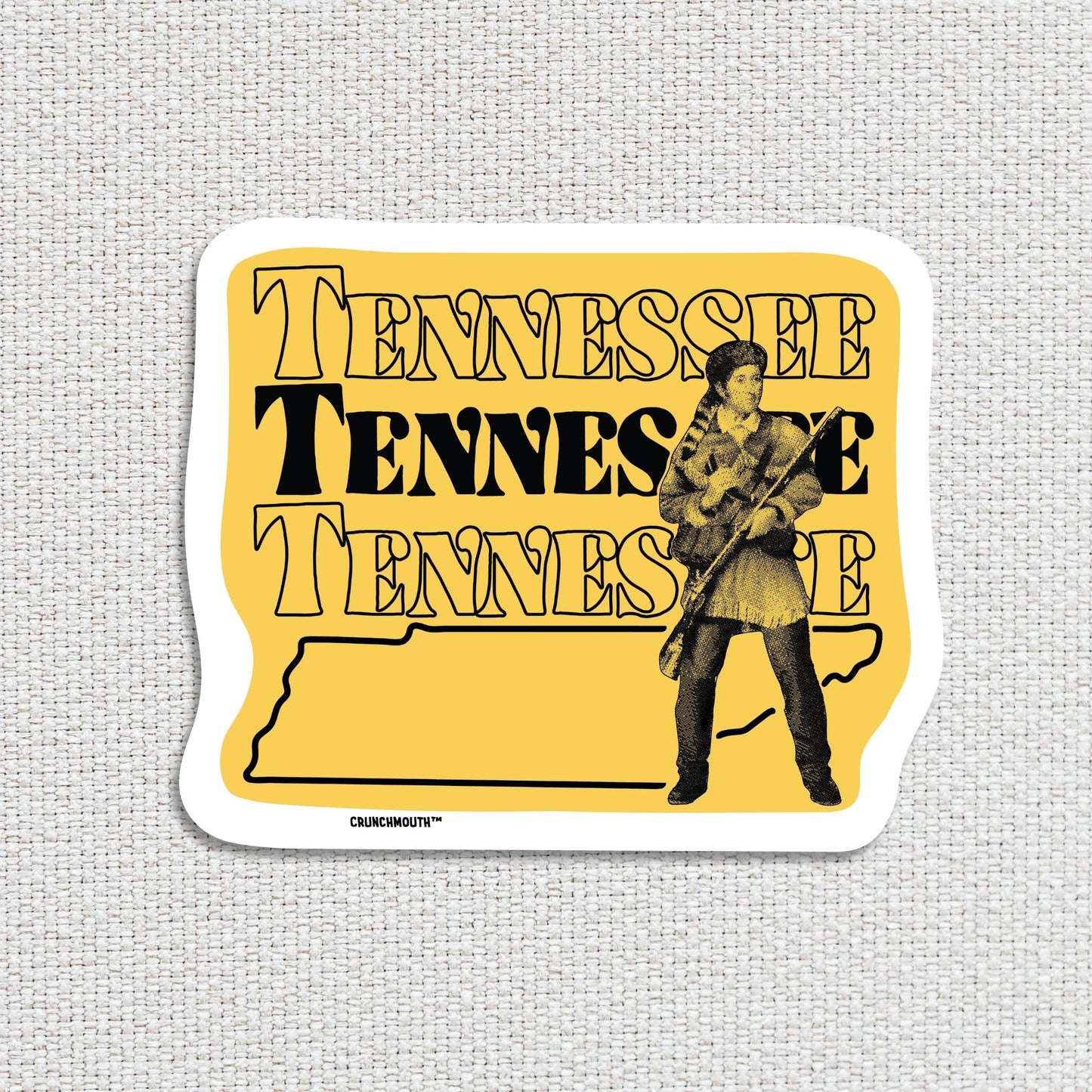 Tennessee Travel Luggage Sticker, Davy Crockett King of the Wild Frontier, textured fabric background