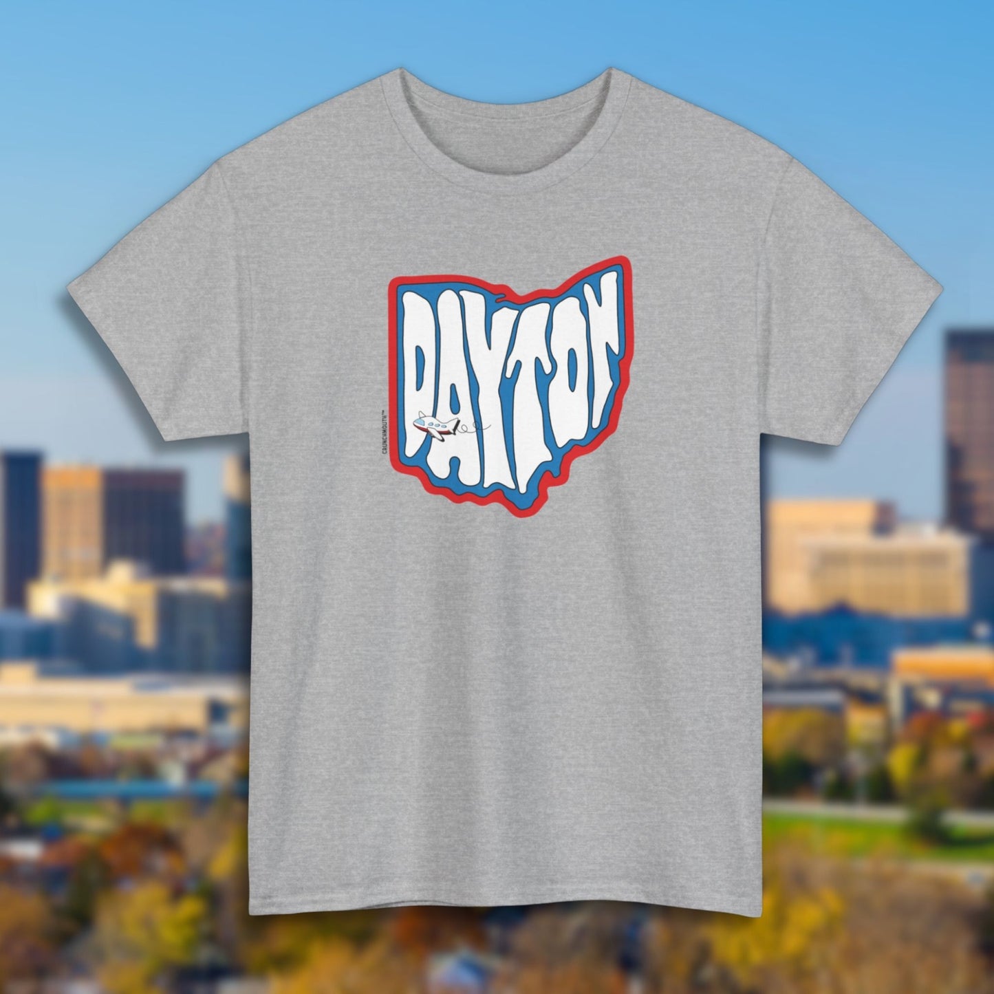 dayton ohio souvenir tee, sport grey color, dayton skyline background