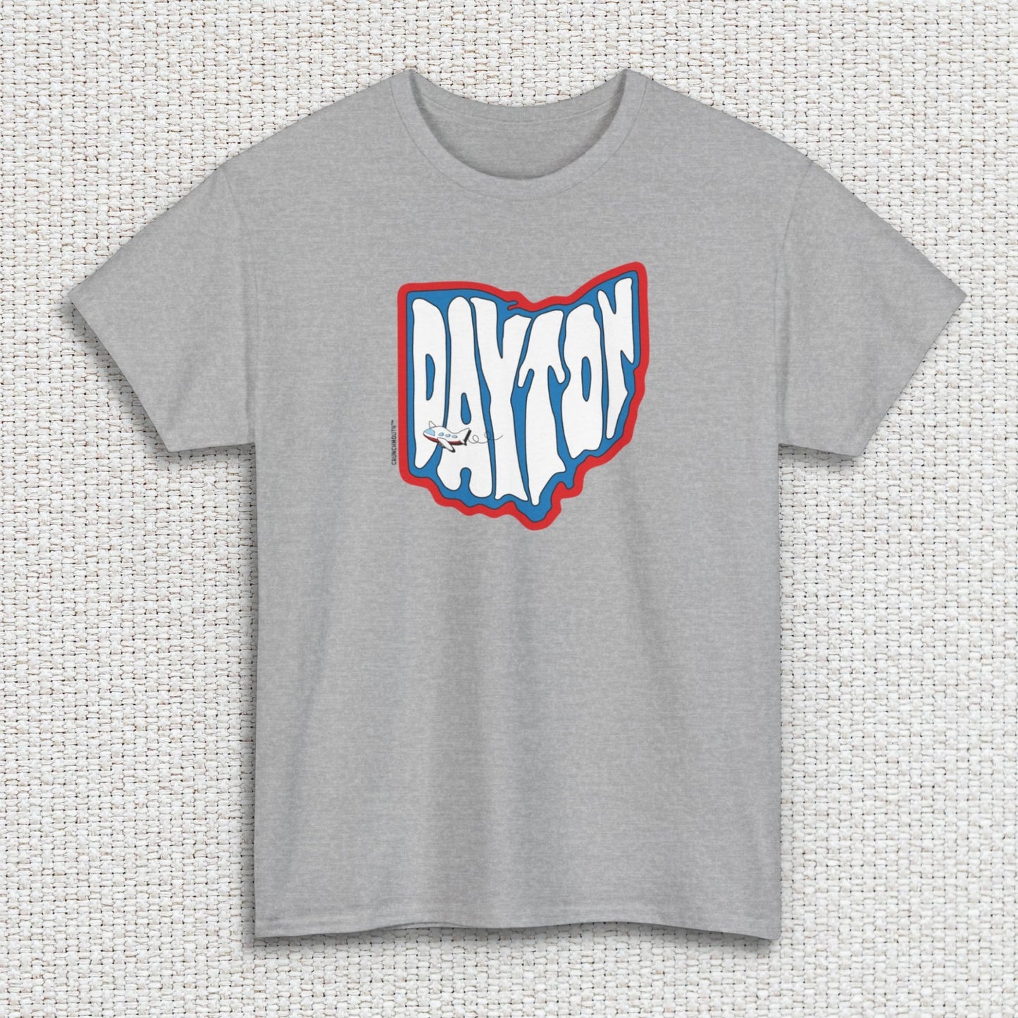 dayton ohio souvenir tee, sport grey color, white textured fabric background