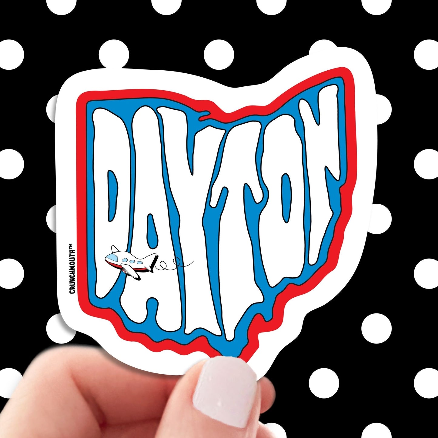dayton travel luggage sticker, hand display, polka dots pattern design background
