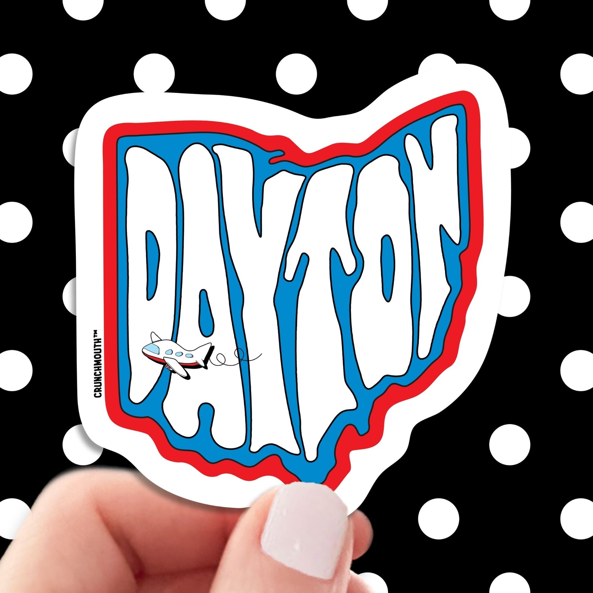 dayton travel luggage sticker, hand display, polka dots pattern design background