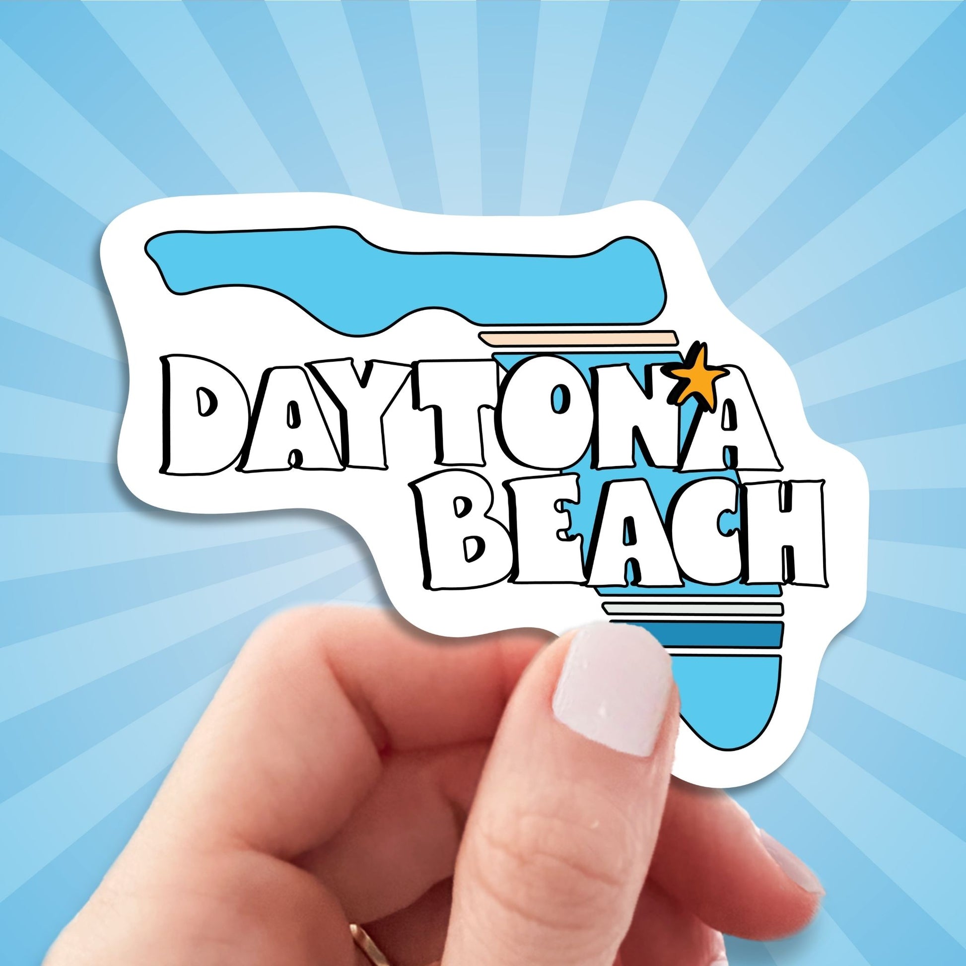 daytona beach florida travel luggage sticker, hand display, sun rays design background