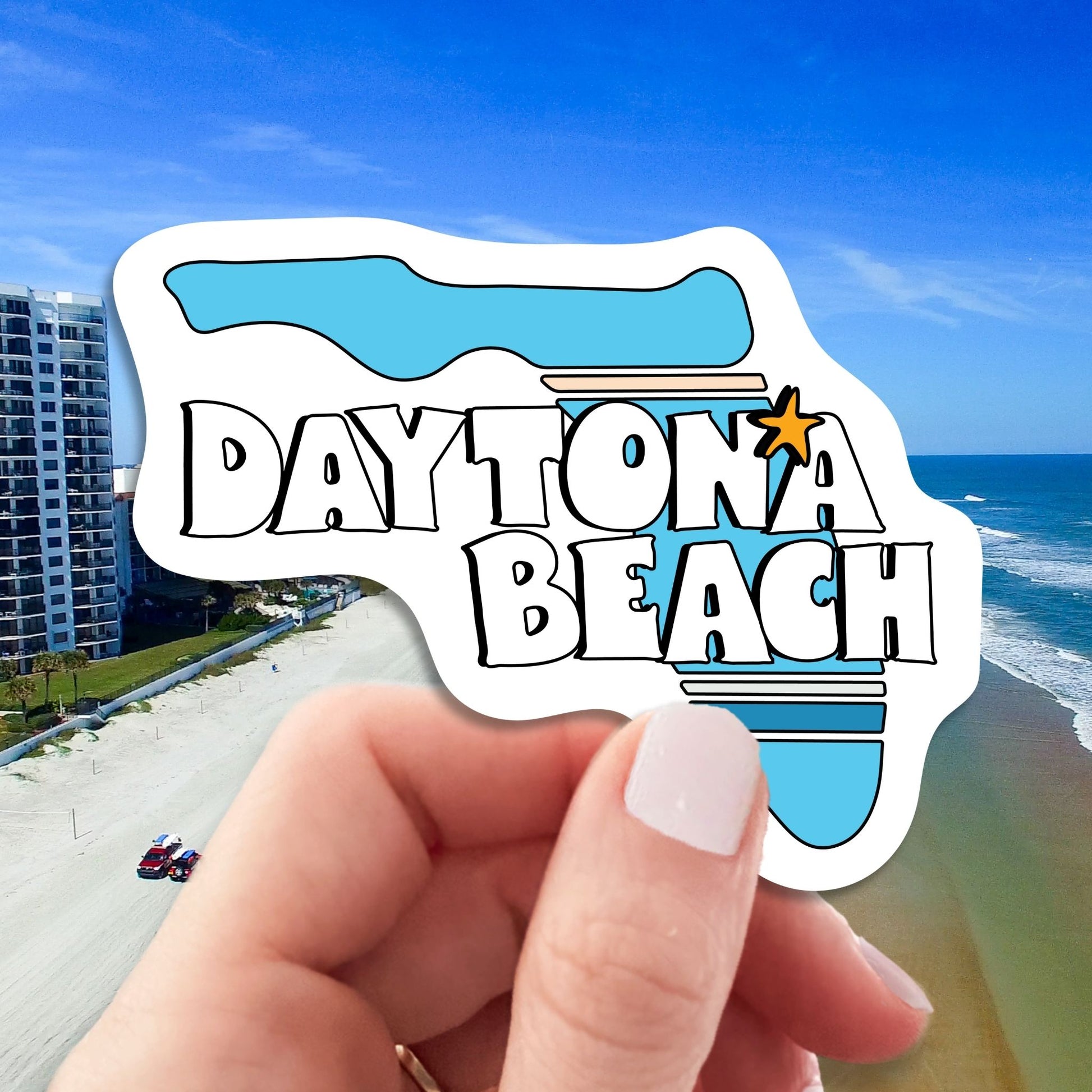 daytona beach florida travel luggage sticker, hand display, daytona beach background