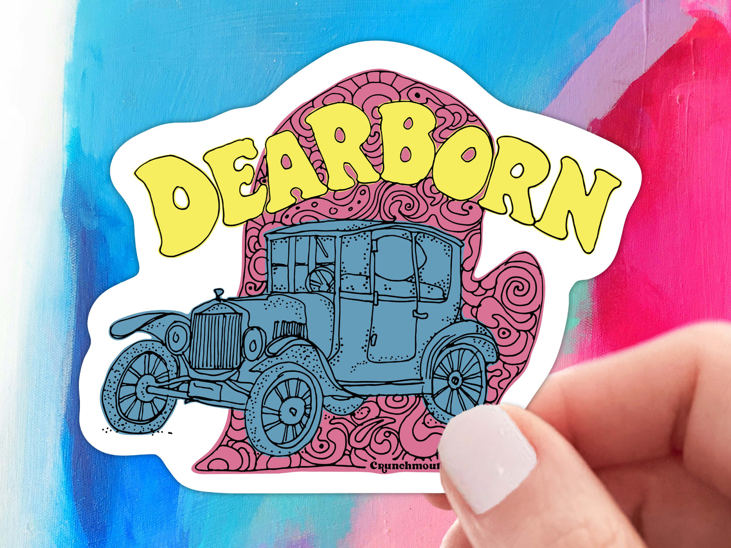 dearborn michigan sticker, held in hand, colorful painted background