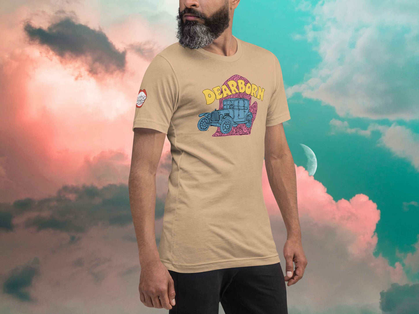 dearborn shirt, souvenir t shirts, front right, male model, cloud sky background