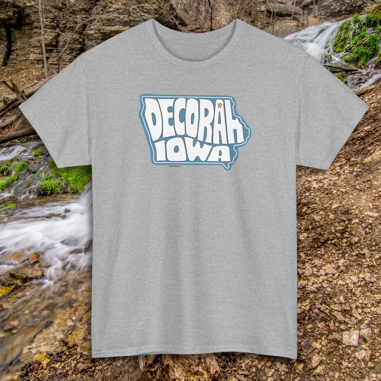 decorah iowa shirt, sport grey color, front, waterfall background