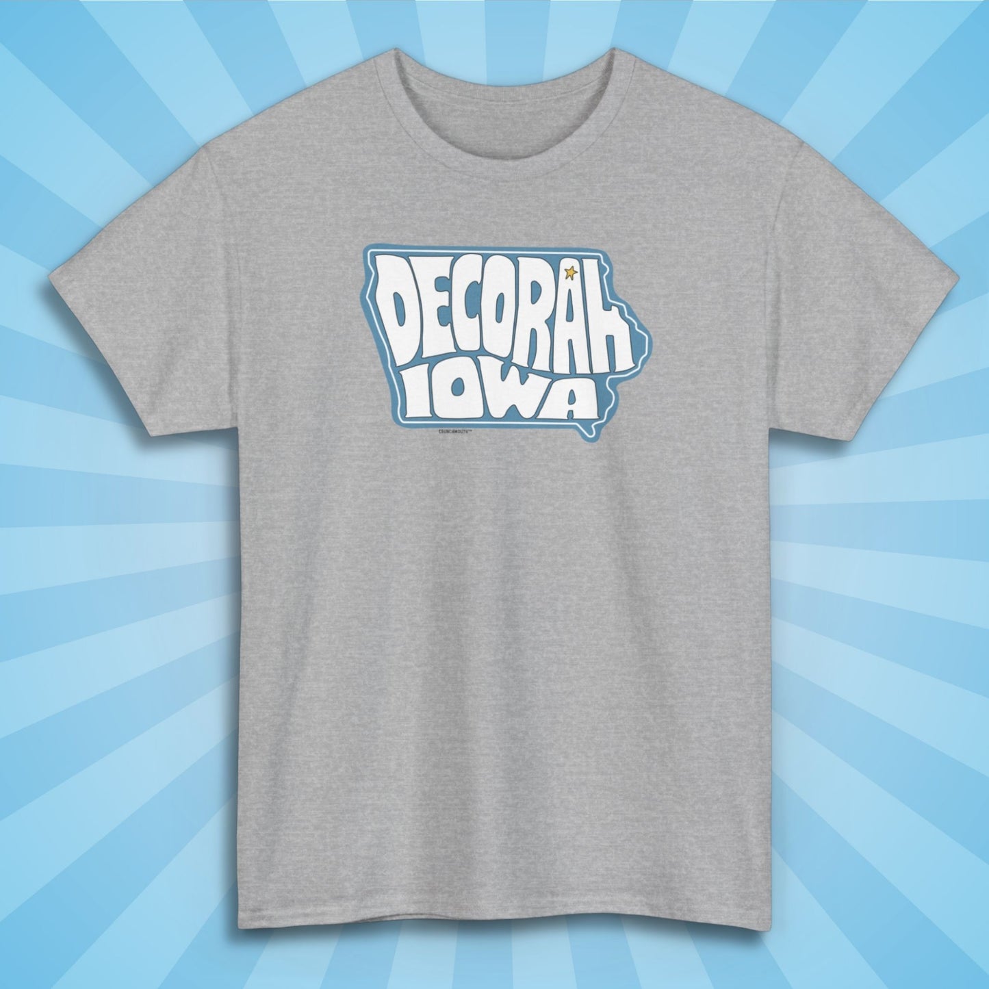 decorah iowa shirt, sport grey color, front, sun rays design background