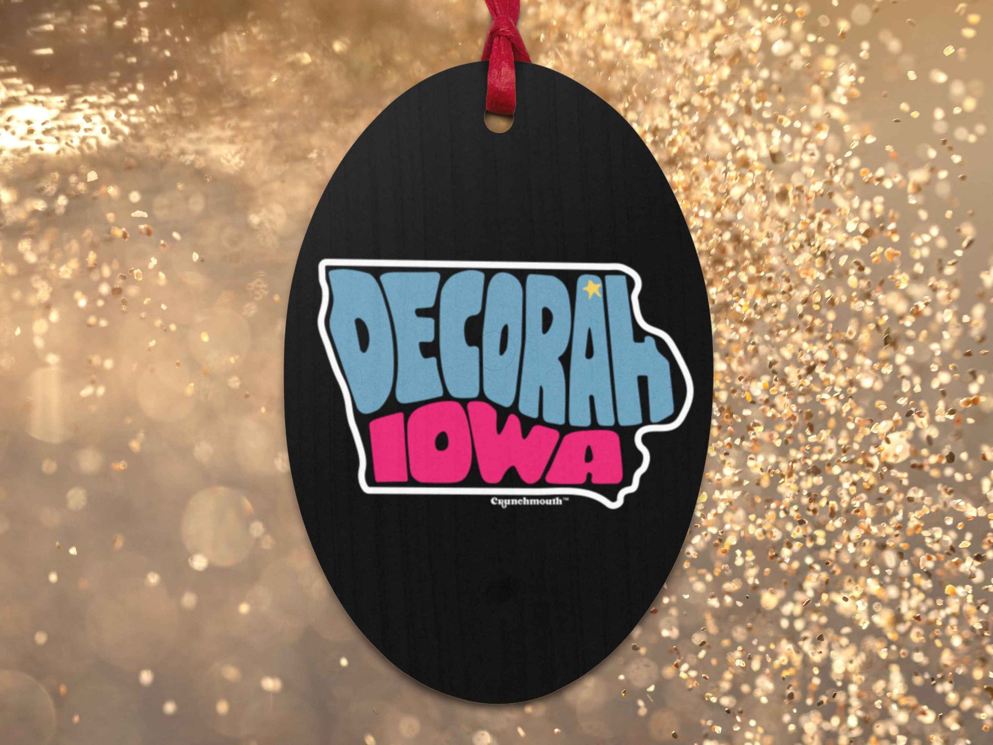 decorah ornament, retro Christmas ornaments, back, gold glitter background