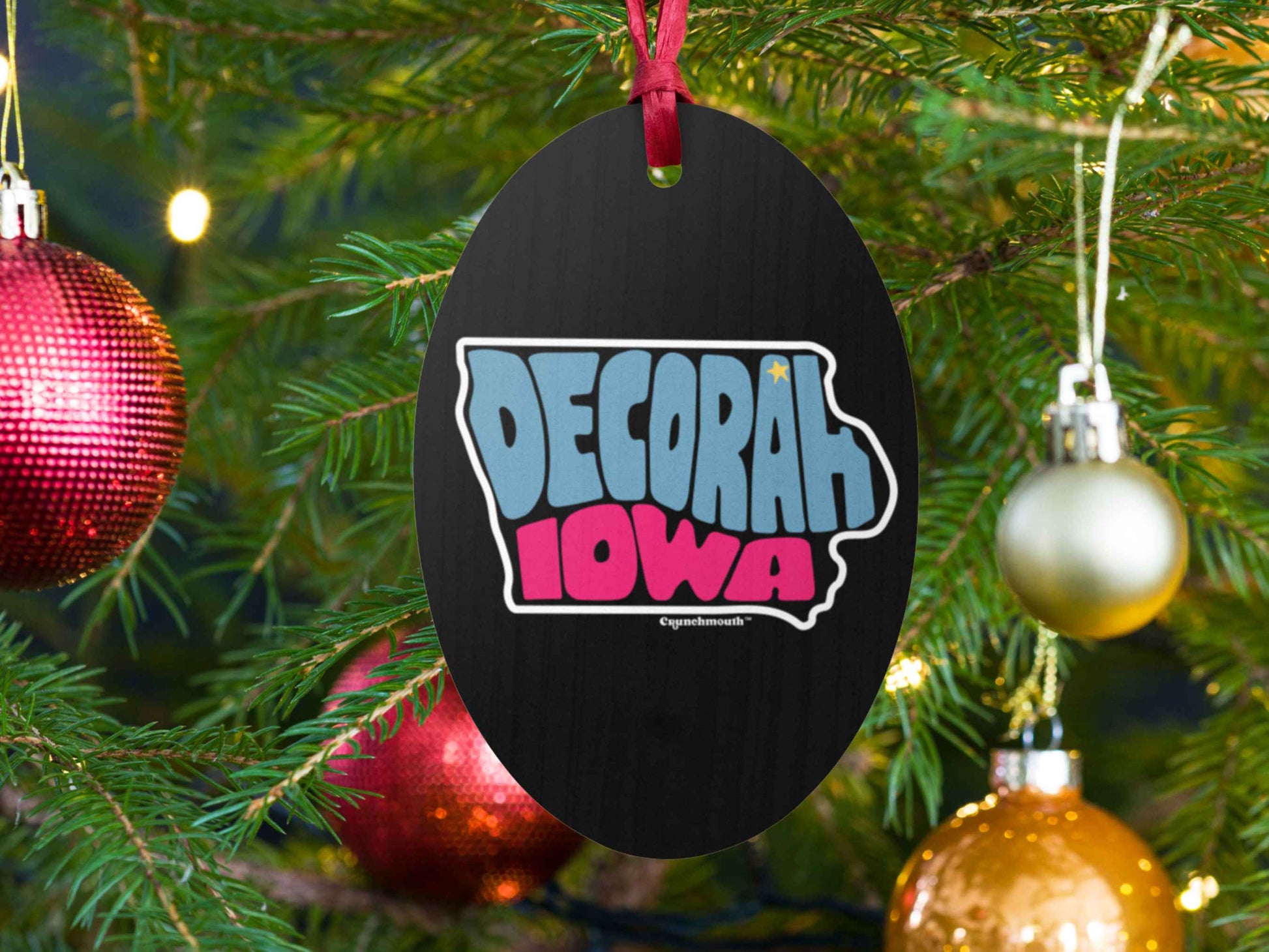 decorah ornament, retro Christmas ornaments, front, Christmas tree background