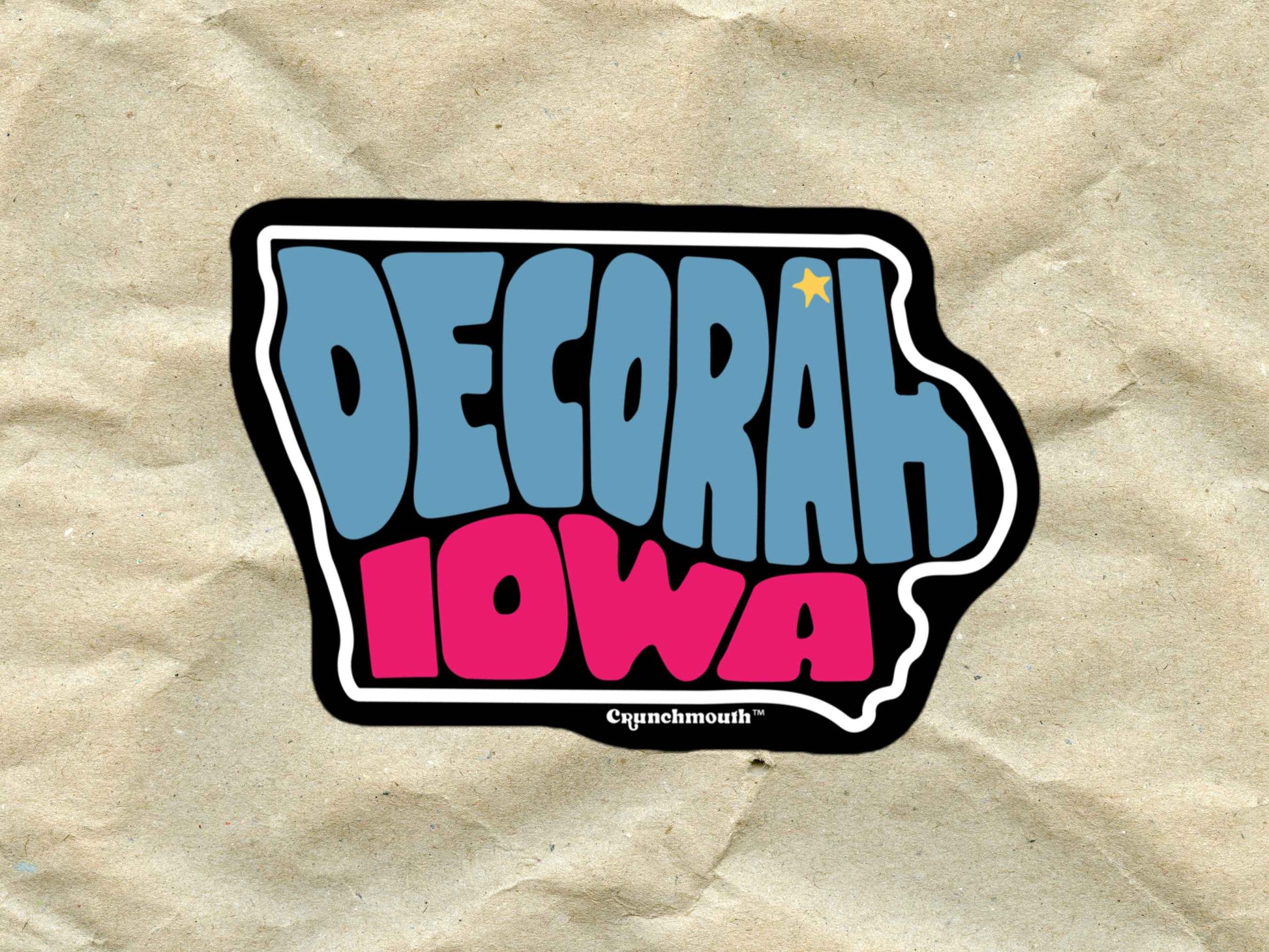 decorah sticker, travel luggage stickers, brown textured background