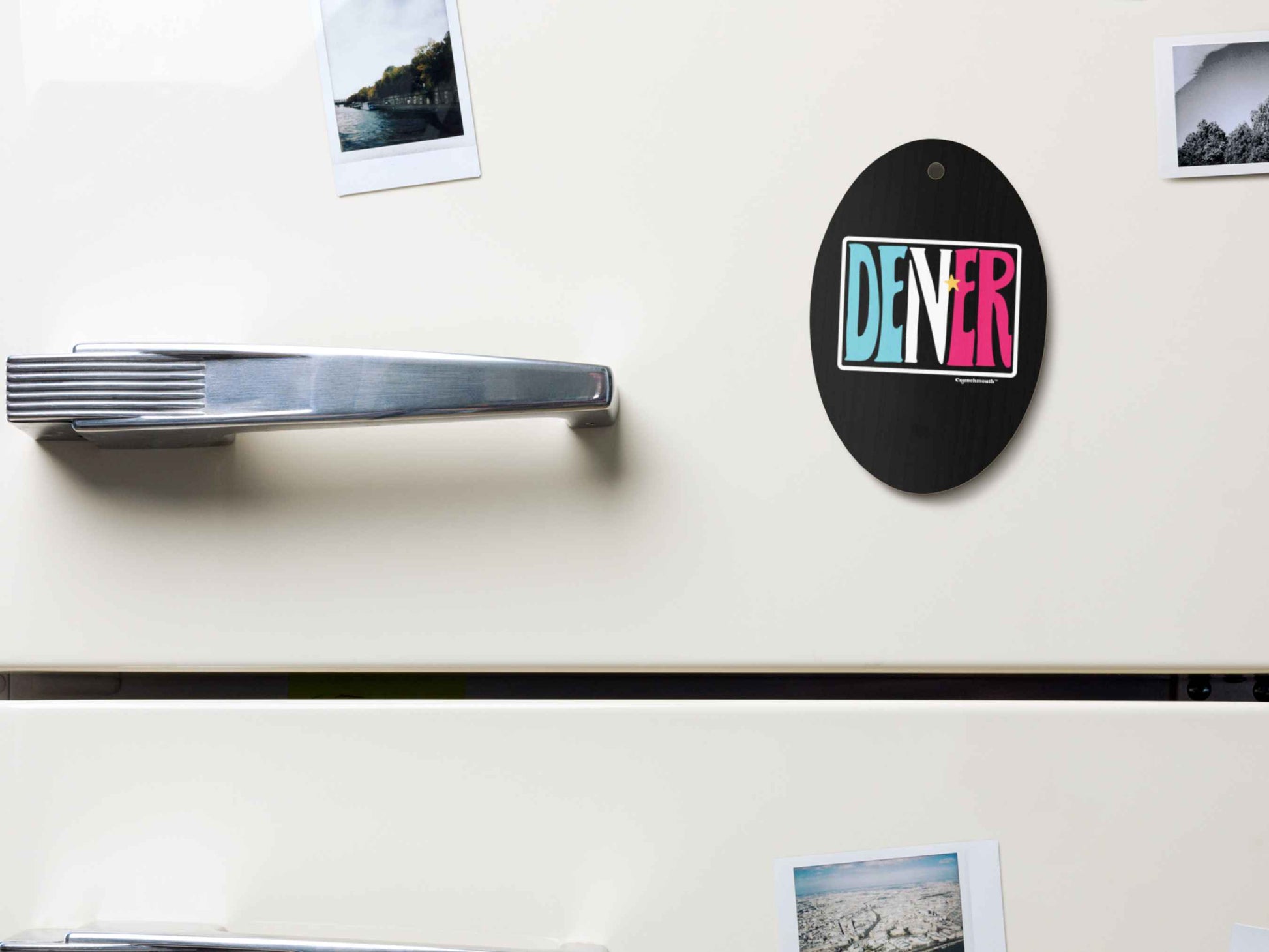 denver colorado souvenir Christmas ornament, front, magnet displayed on metal file cabinet