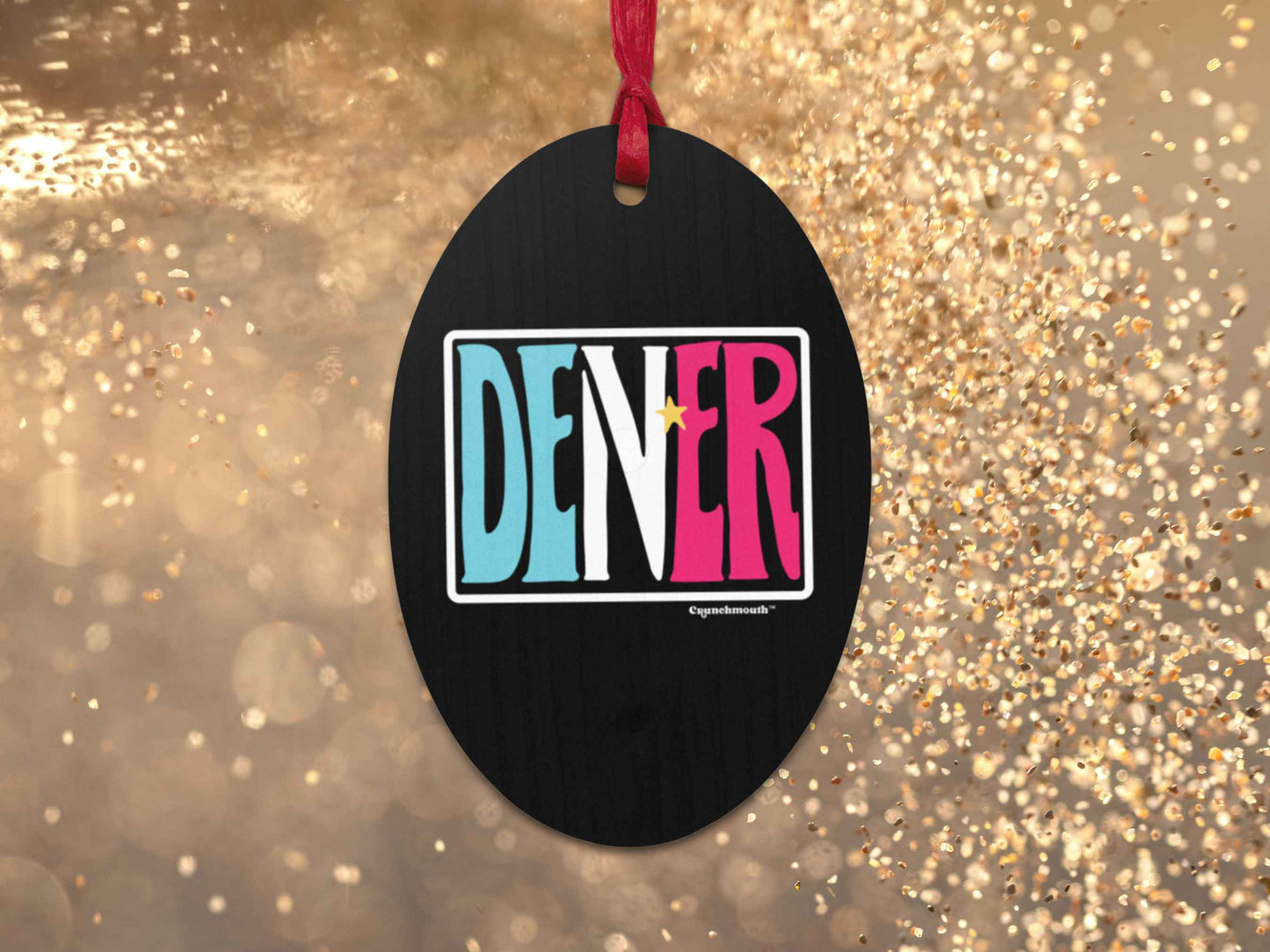 denver colorado souvenir Christmas ornament, back, gold glitter background