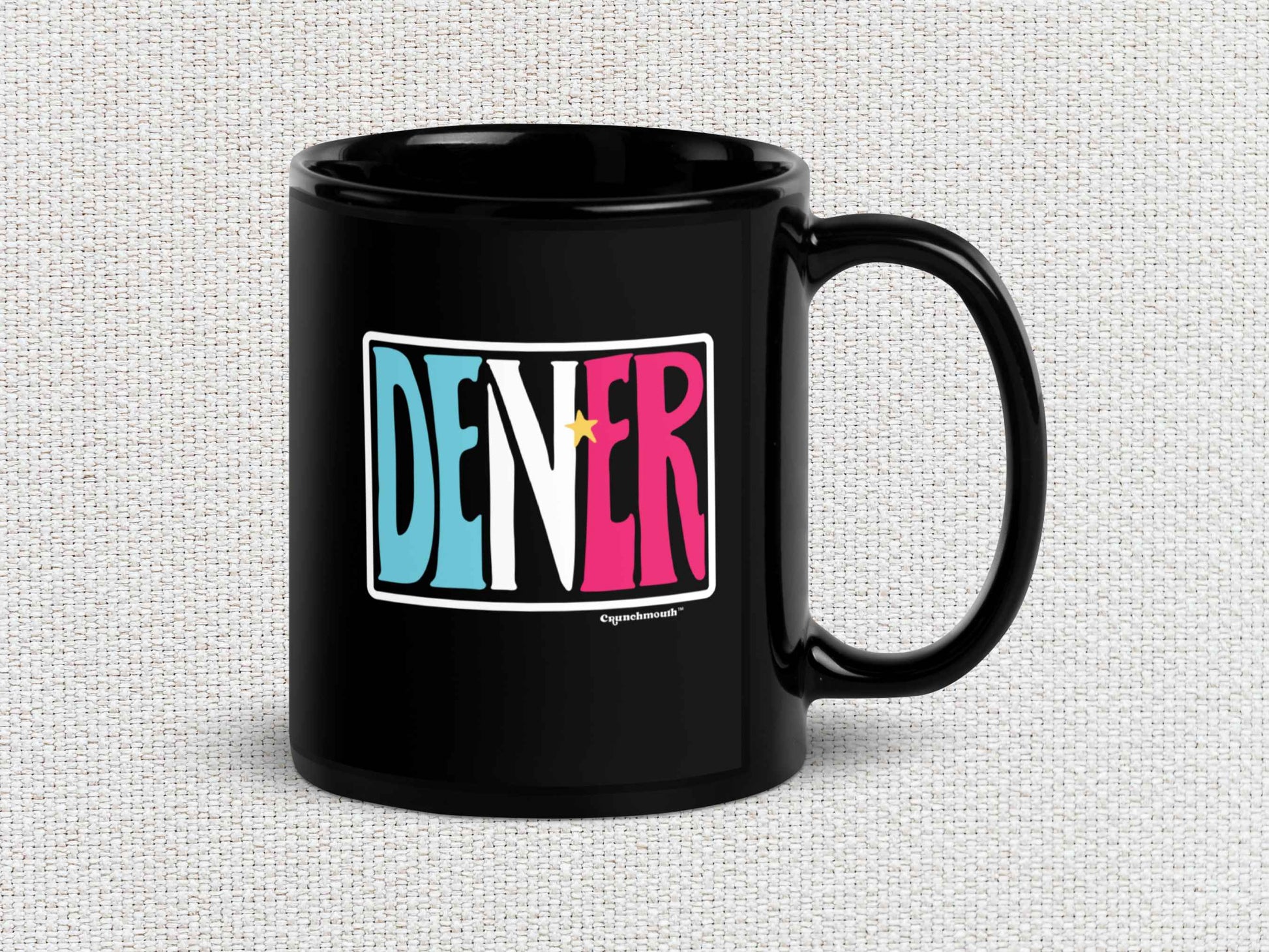 denver colorado souvenir coffee mug, 11oz, handle on right, white textured background