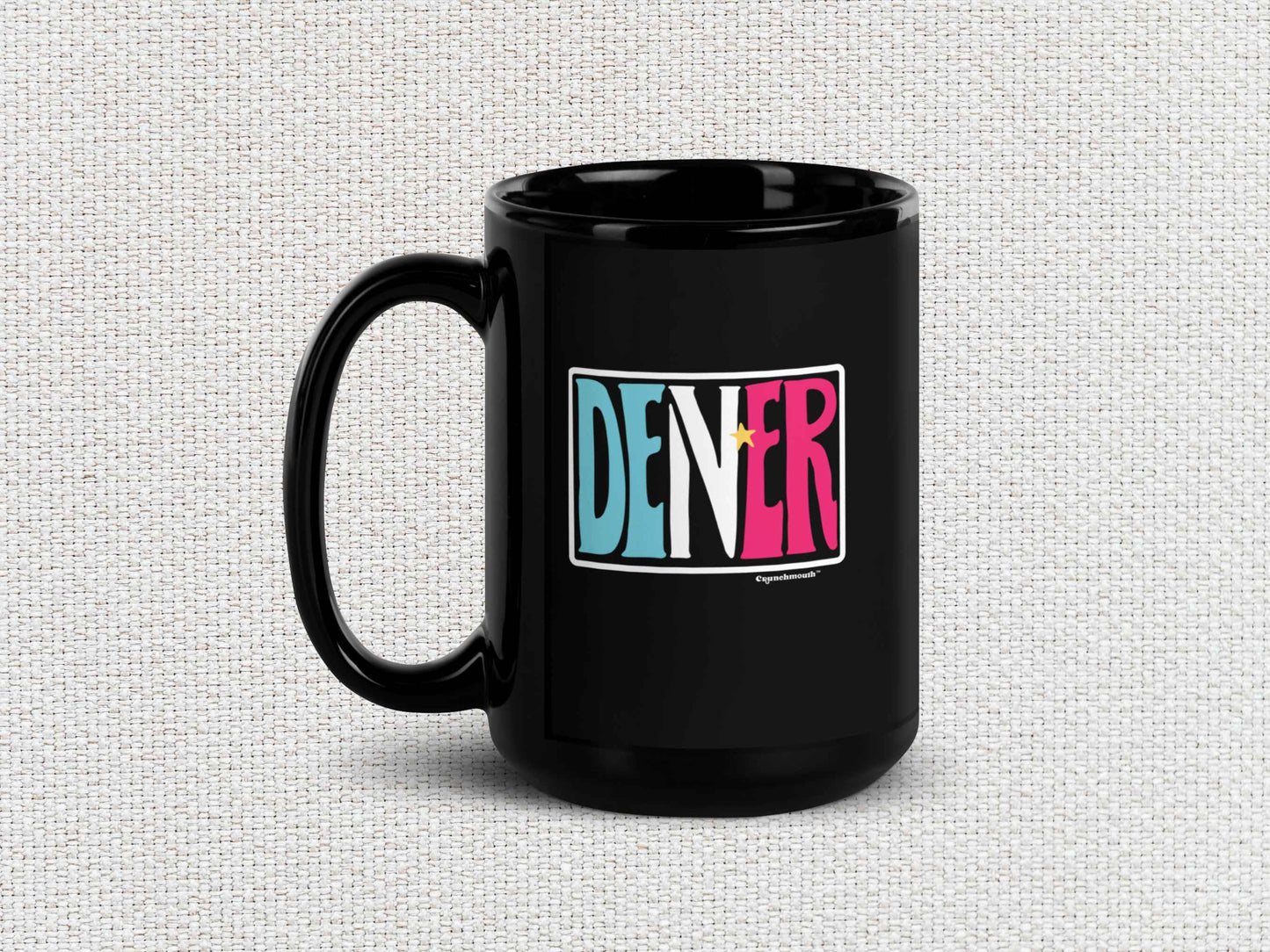 denver colorado souvenir coffee mug, 15oz, handle on left, white textured background