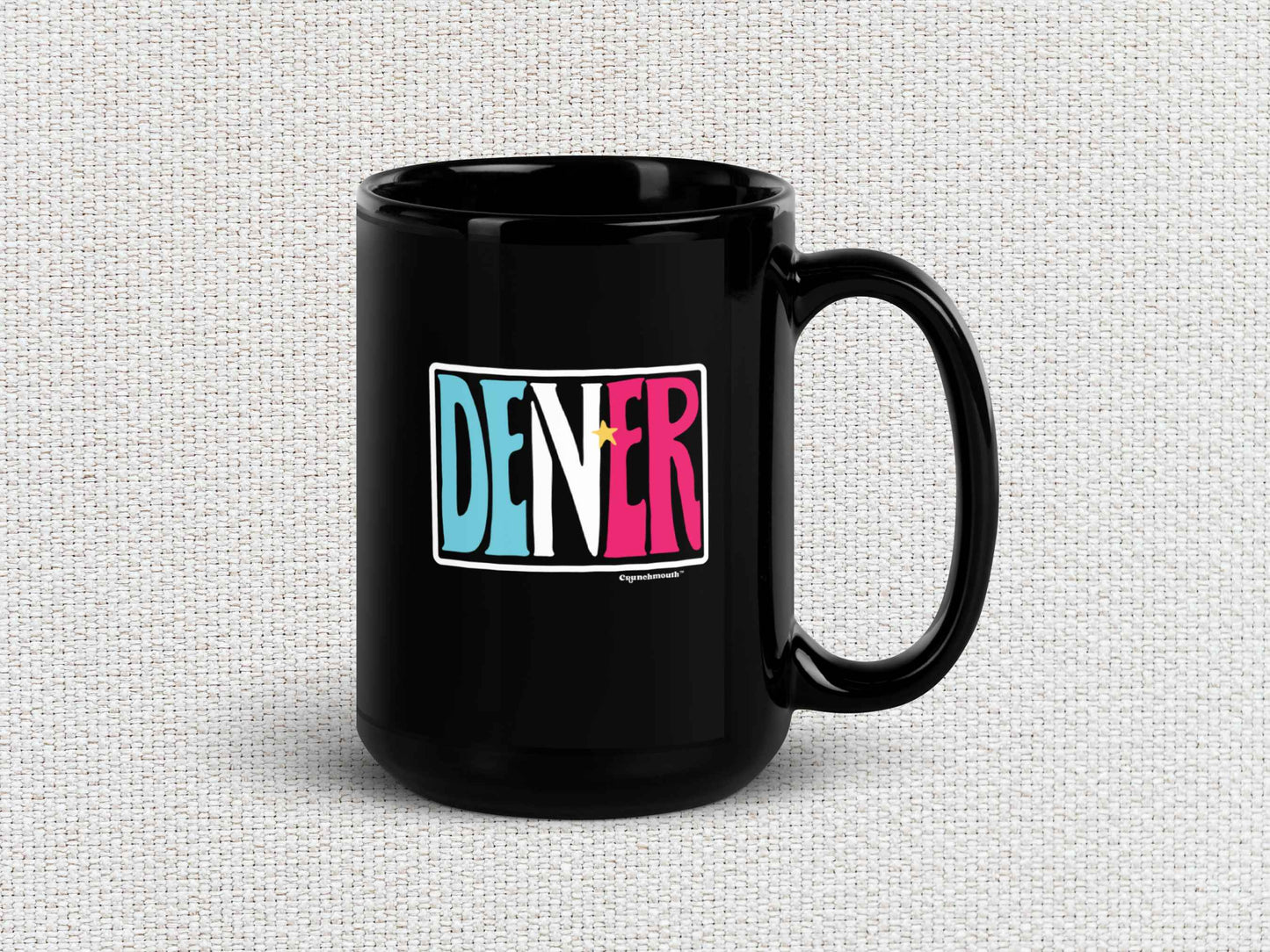 denver colorado souvenir coffee mug, 15oz, handle on right, white textured background