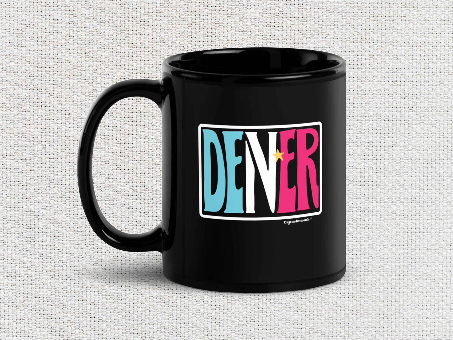 denver colorado souvenir coffee mug, 11oz, handle on left, white textured background