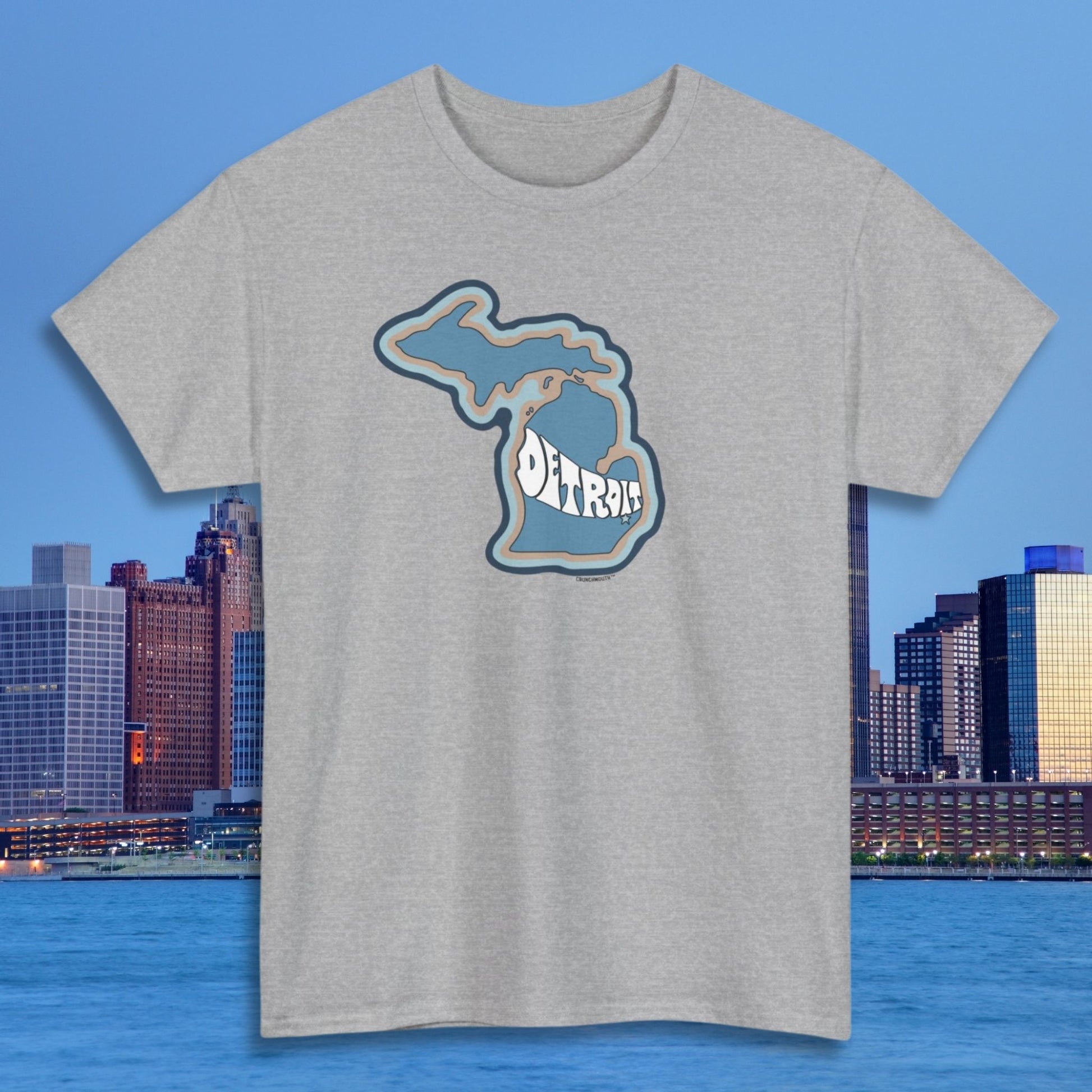 detroit shirt, front, sport grey, skyline background