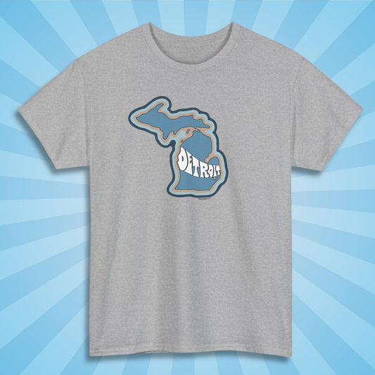 detroit shirt, front, sport grey, sun rays design background