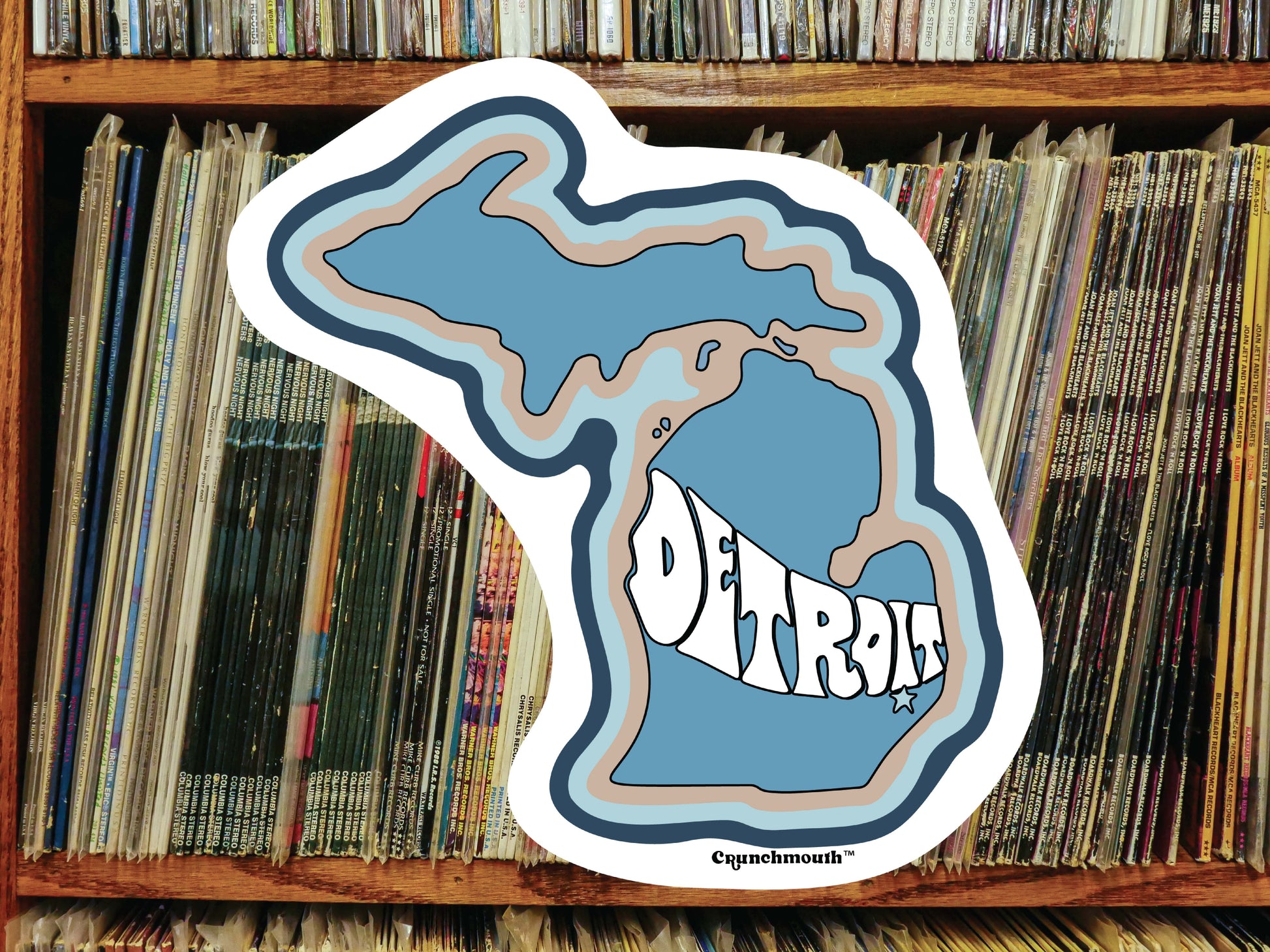 detroit michigan vinyl sticker, vinyl record shelf background