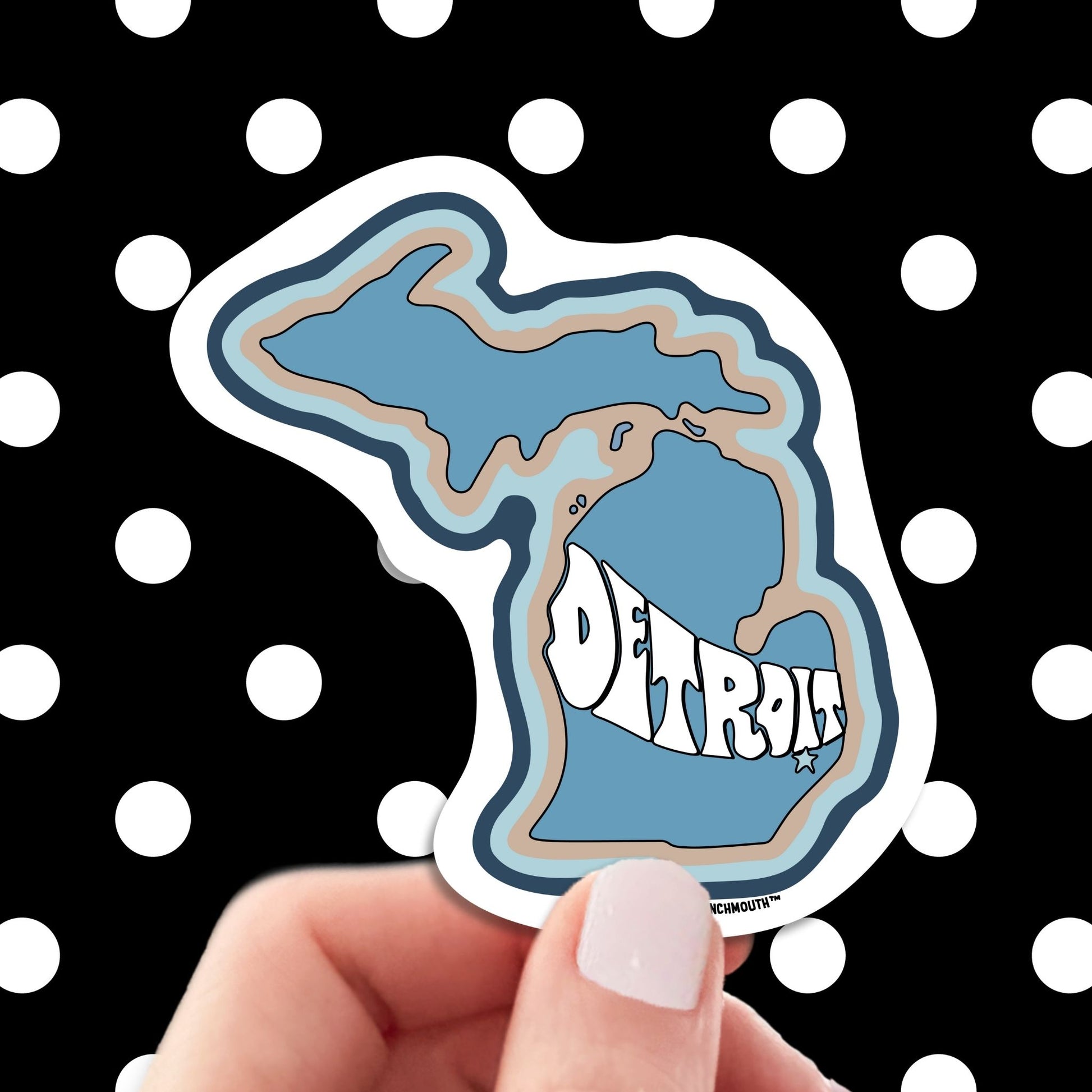 detroit travel luggage sticker, hand display, polka dots pattern design background