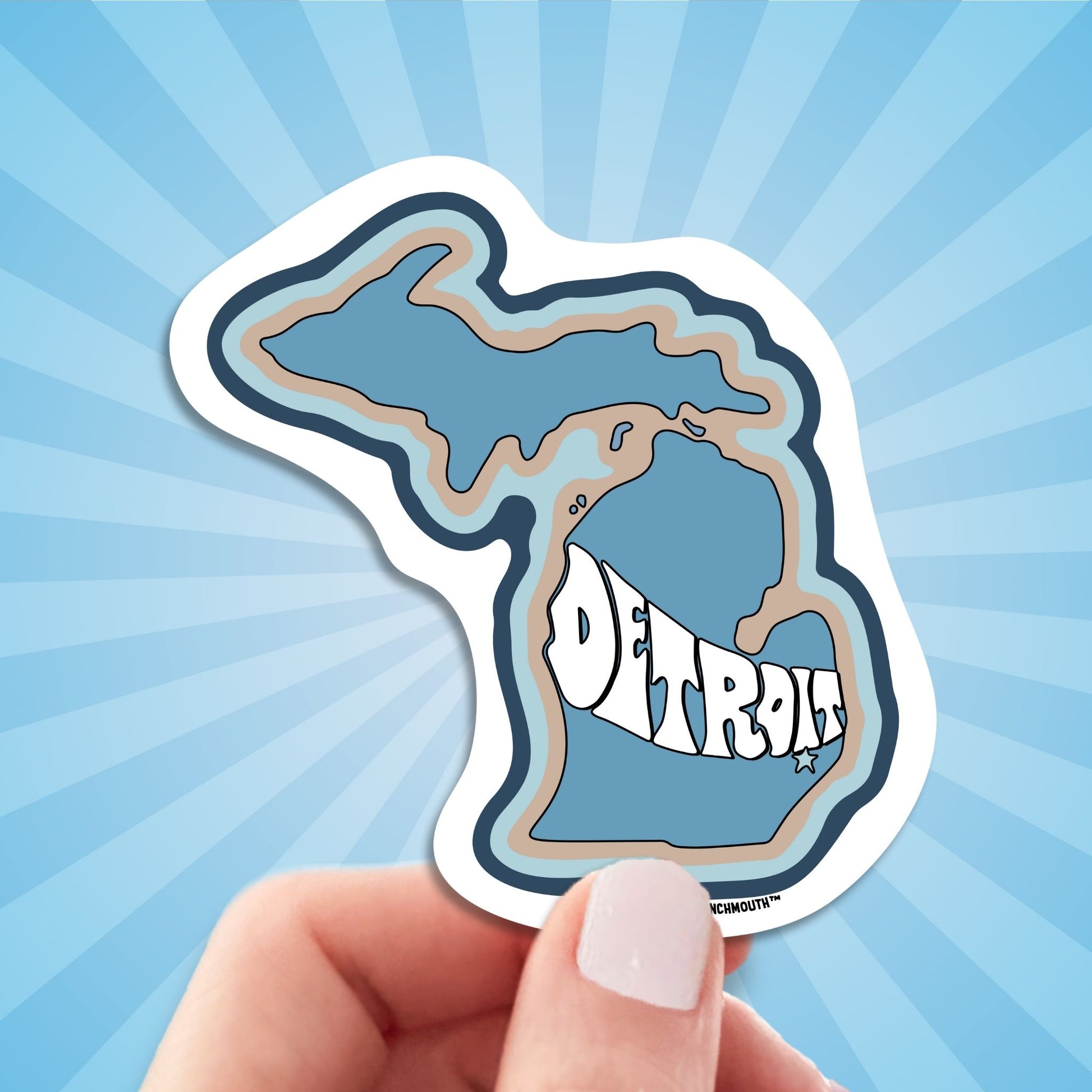 detroit travel luggage sticker, hand display, sun rays design background