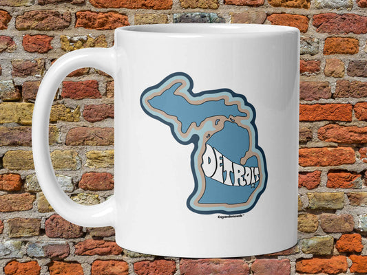 detroit mug, 11 oz, handle on left, red brick wall background