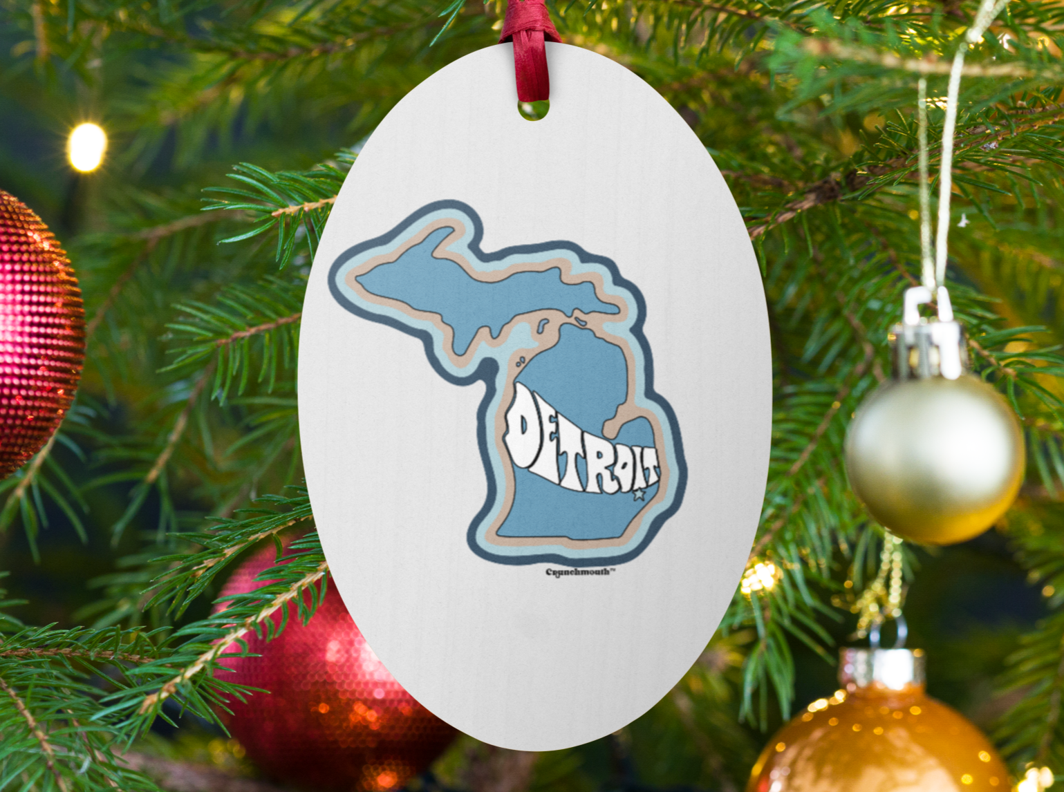 detroit ornament, front, Christmas tree background