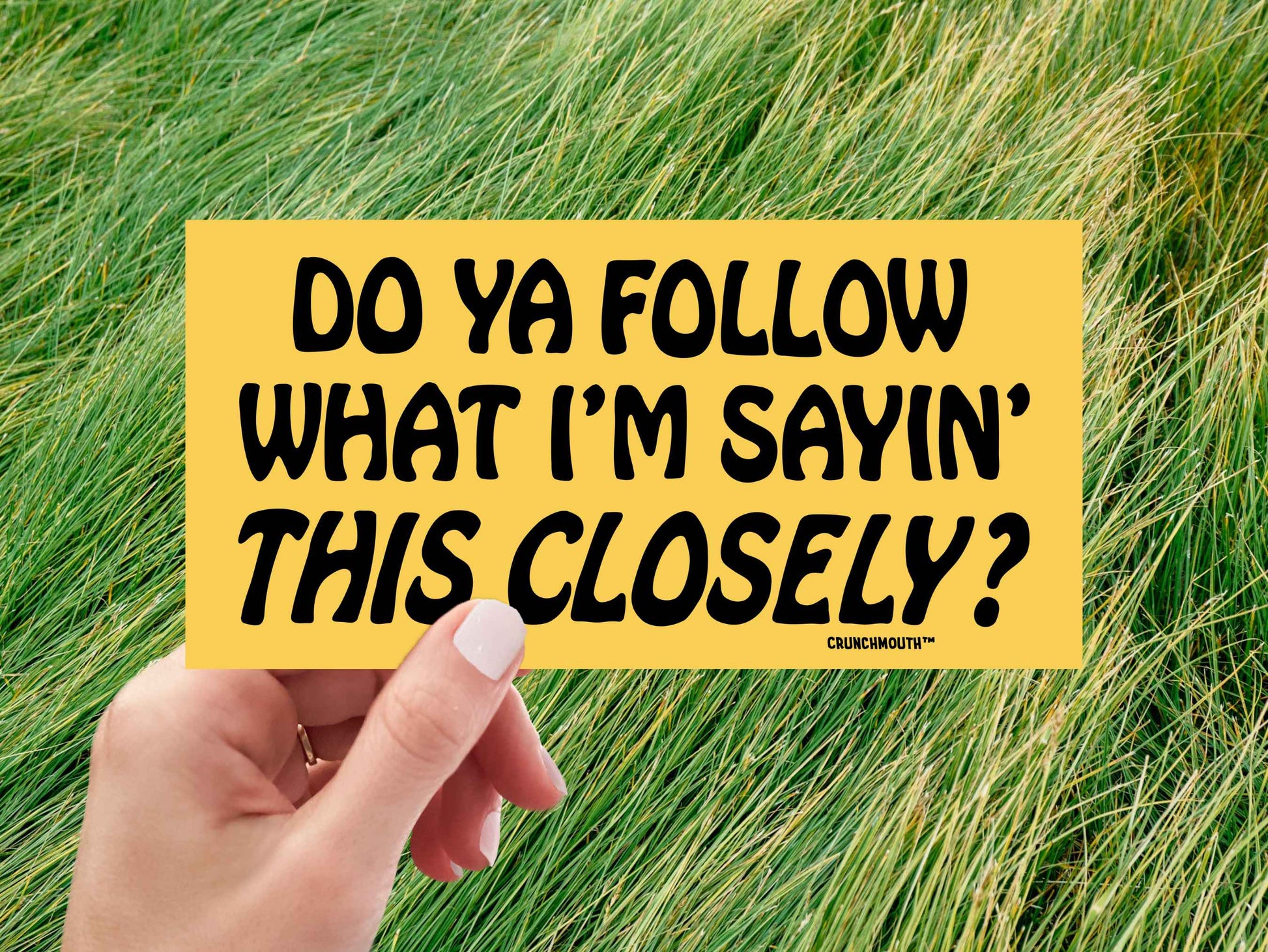 do you follow what i&#39;m saying this closely bumper sticker, do you follow Jesus this close parody, funny bumper stickers, hand display, green grass background